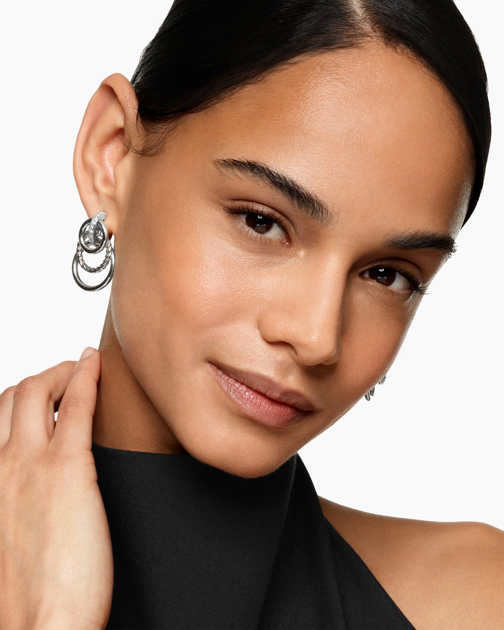 Womens DY Mercer® Triple Ring Drop Earrings in Sterling Silver with Diamonds, 35.6mm