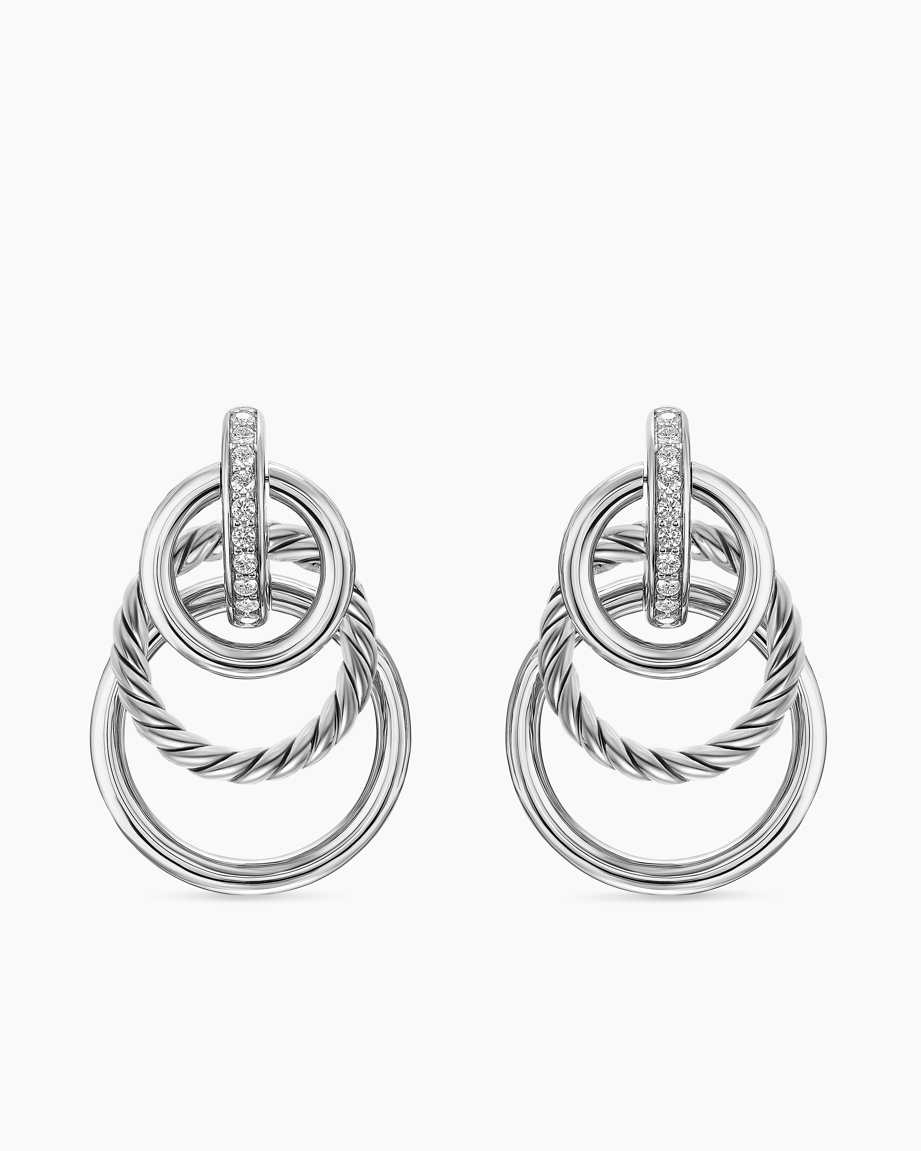 Womens DY Mercer&reg; Triple Ring Drop Earrings in Sterling Silver with Diamonds, 35.6mm
