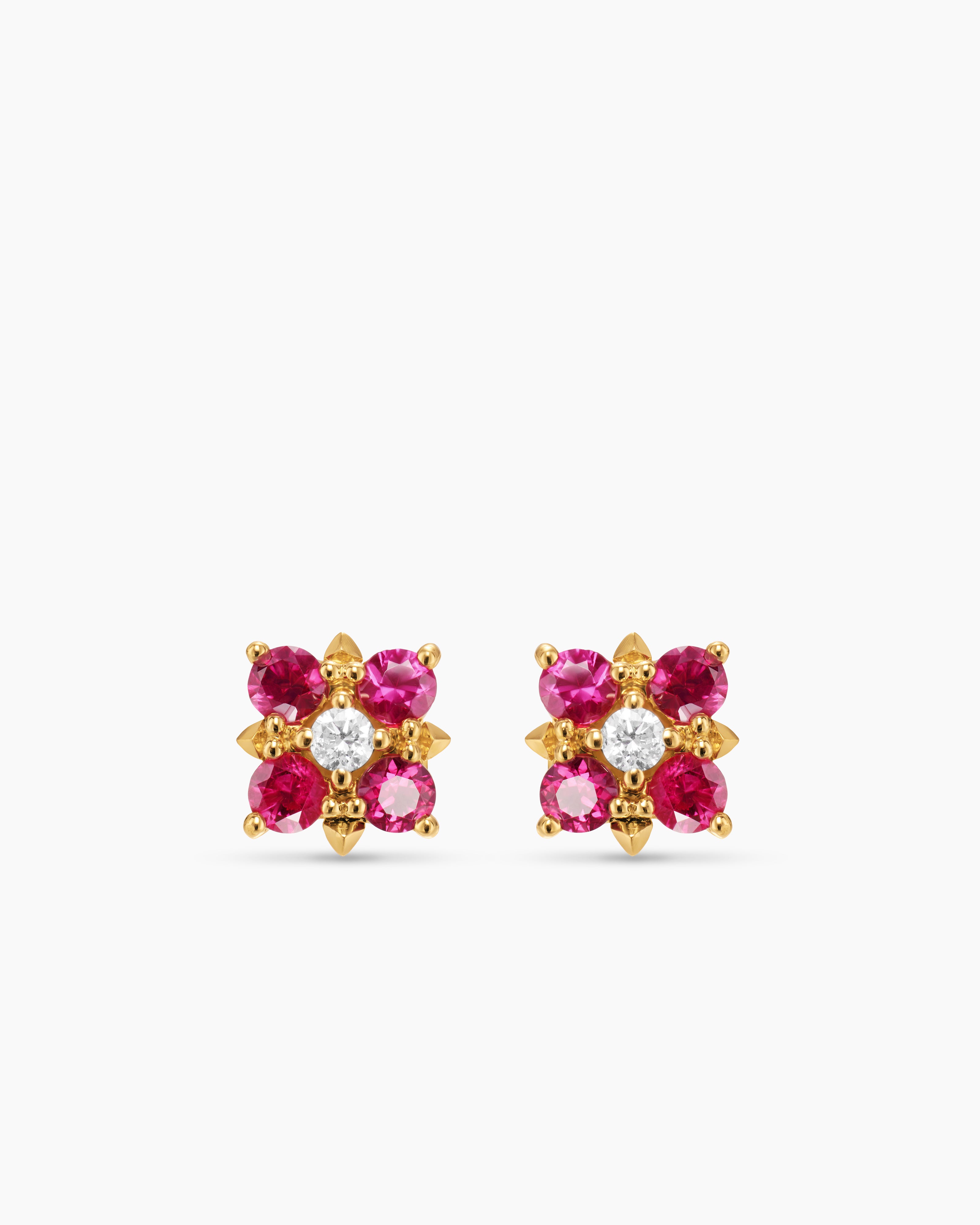 Womens Petite Modern Renaissance&reg; Colour Stud Earrings in 18ct Yellow Gold with Rubies and Diamonds, 8.7mm