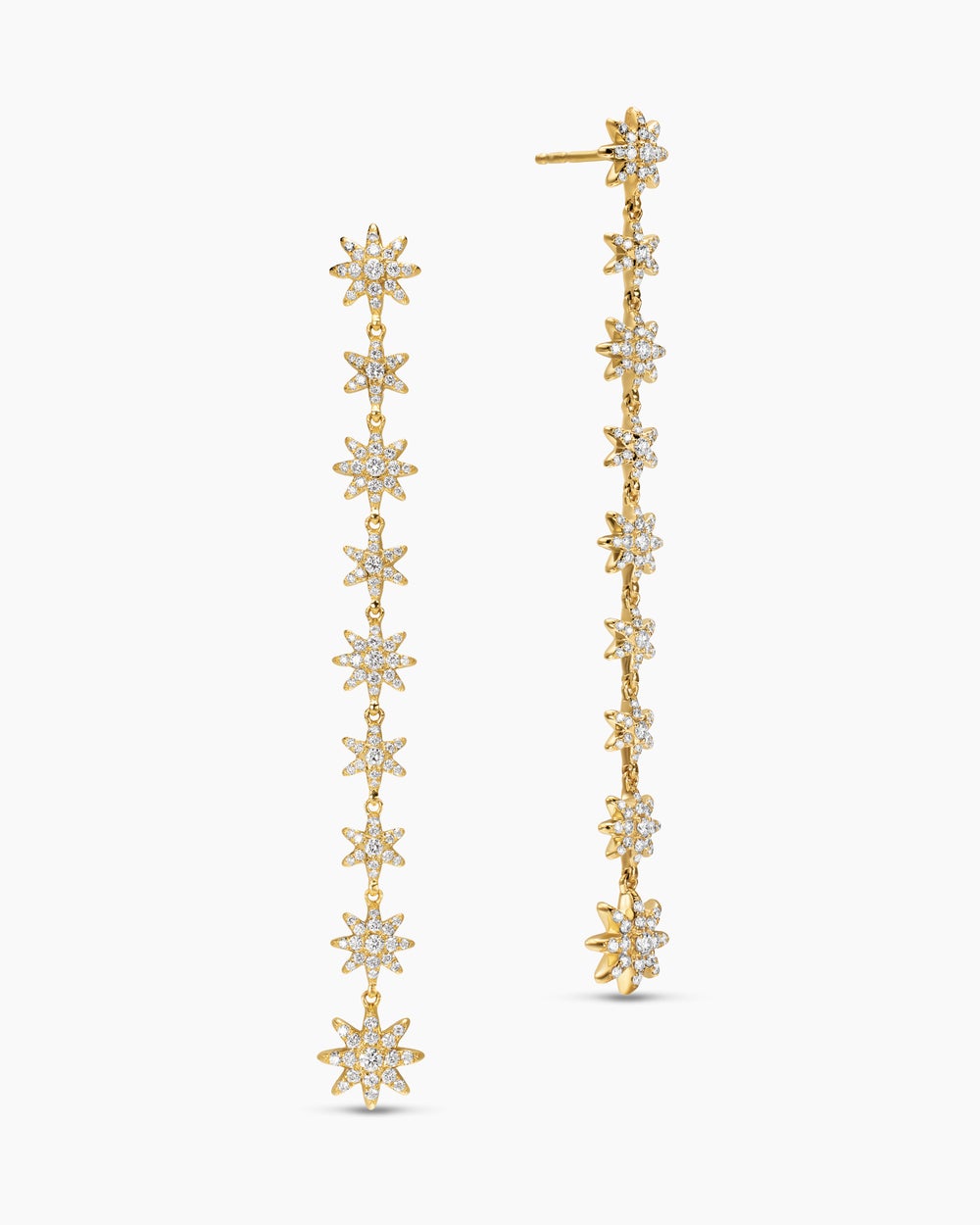 Womens Starburst Drop Earrings in 18K Yellow Gold with Diamonds, 70.9mm