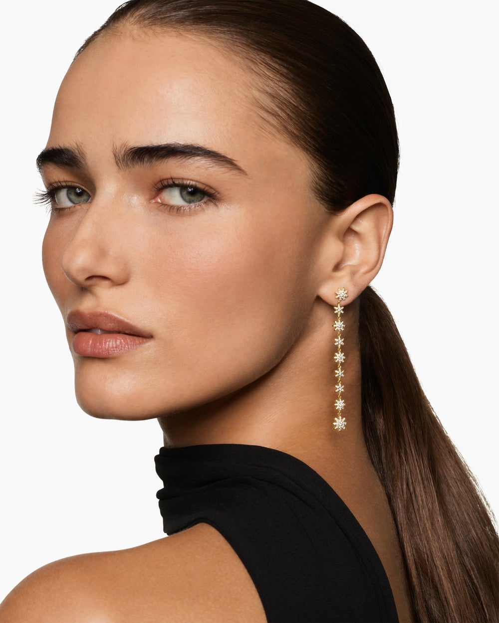 Womens Starburst Drop Earrings in 18K Yellow Gold with Diamonds, 70.9mm