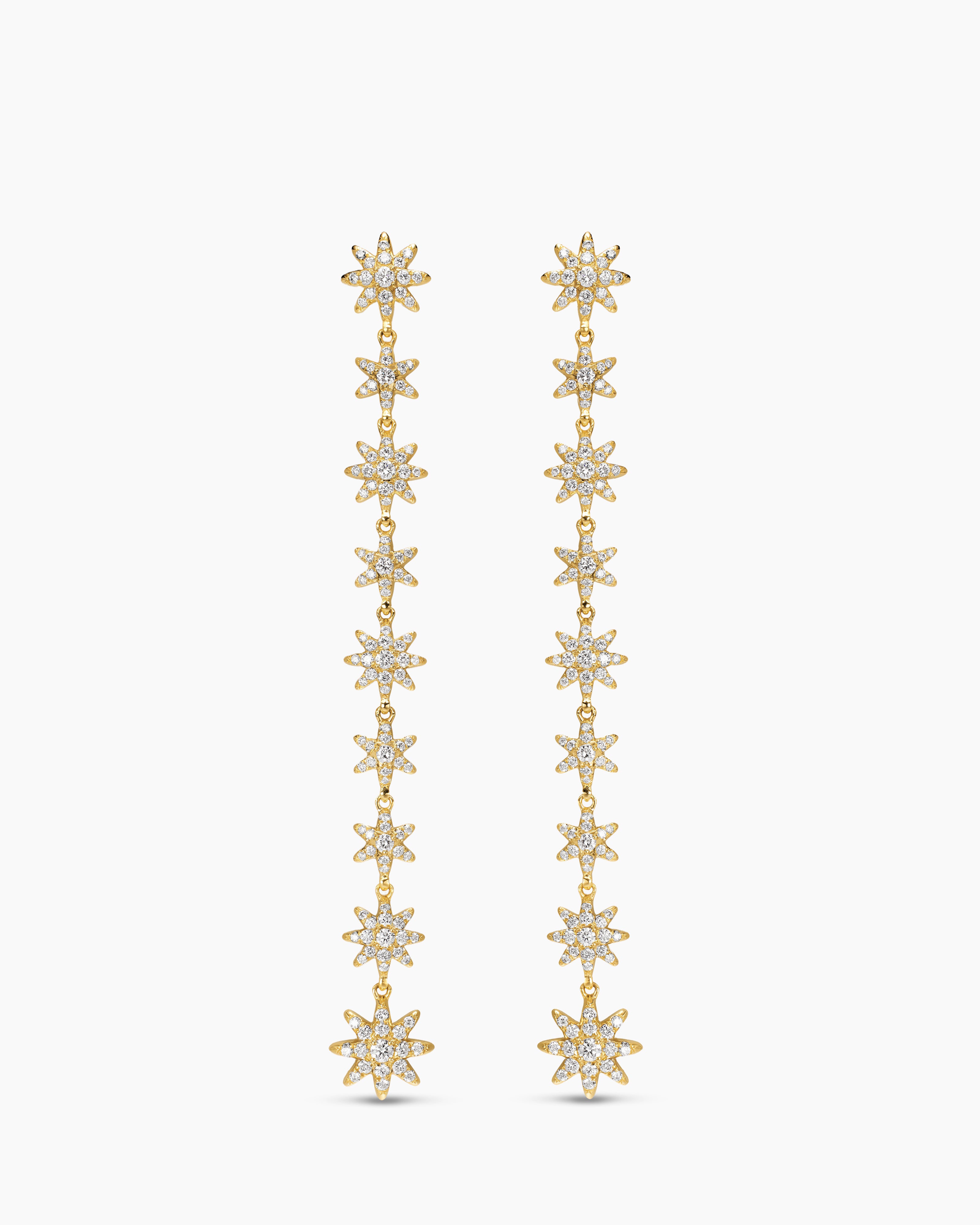 Womens Starburst Drop Earrings in 18K Yellow Gold with Diamonds, 70.9mm