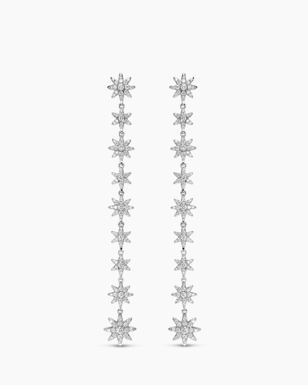 Womens Starburst Drop Earrings in 18K White Gold with Diamonds, 70.9mm