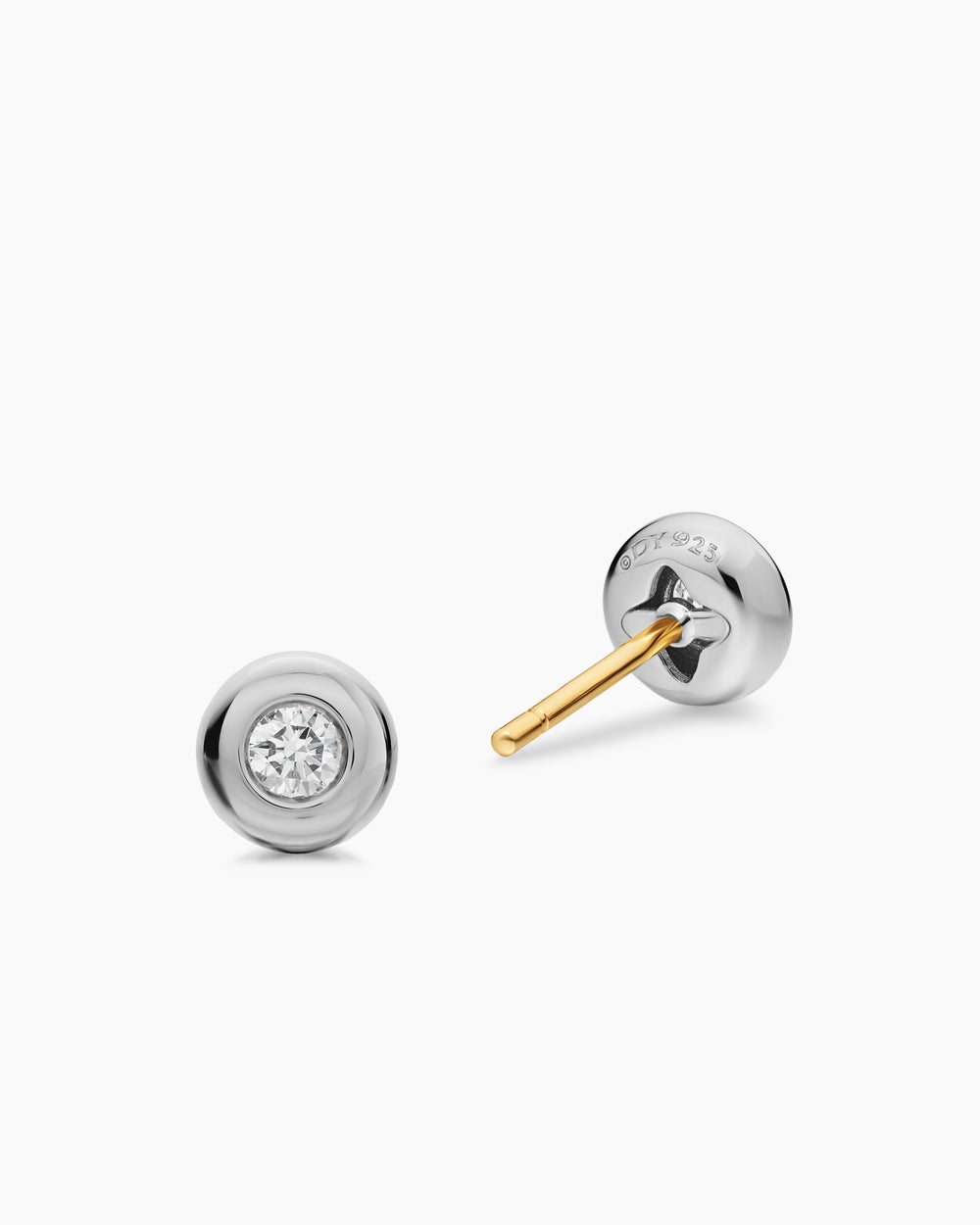 Womens Bezel Set Stud Earrings in Sterling Silver with Diamonds, 6.4mm