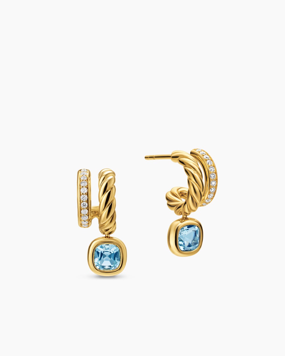 Womens DY Mercer® Color Two Row Drop Earrings in 18K Yellow Gold with Sky Blue Topaz and Diamonds, 19.5mm