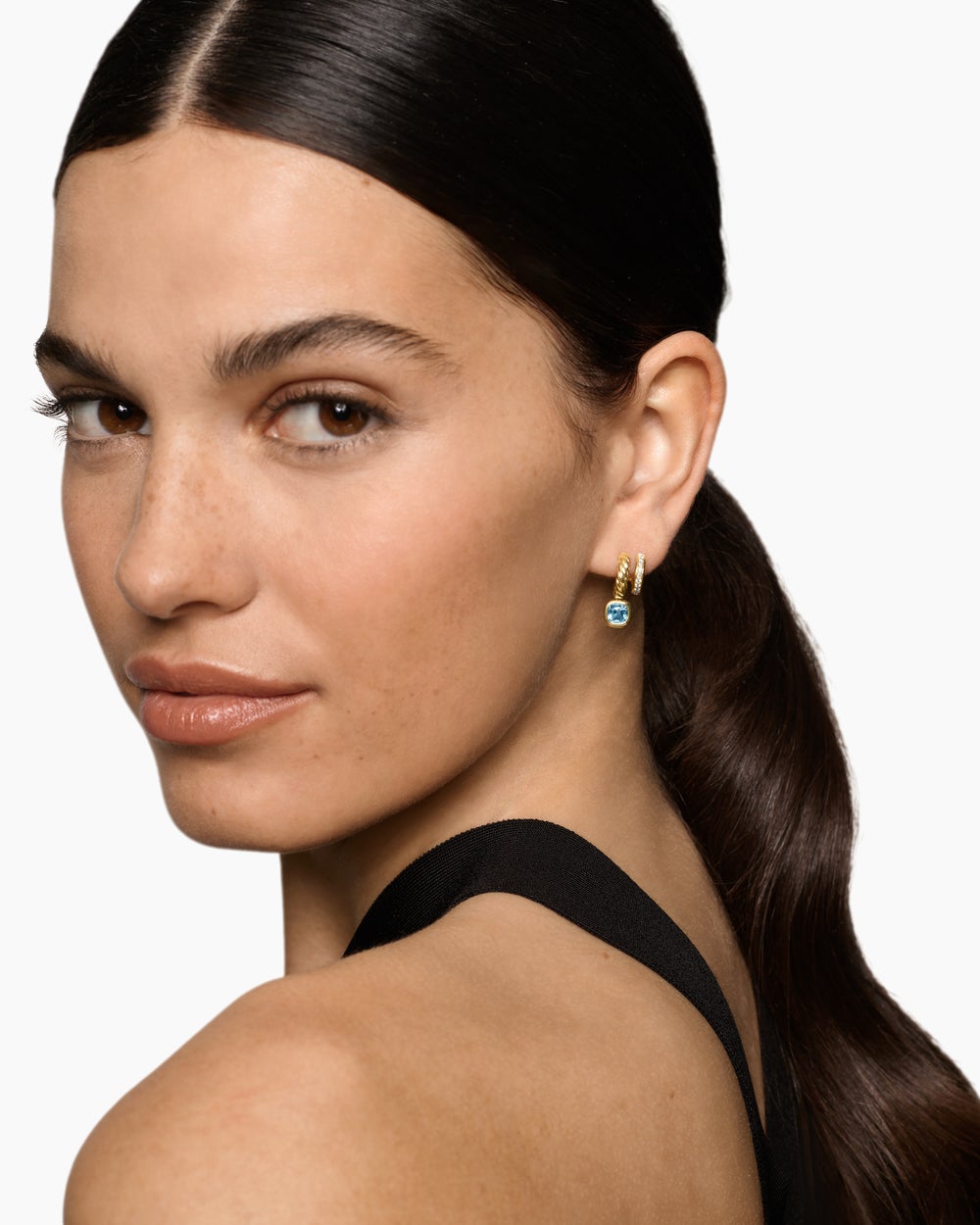 Womens DY Mercer® Color Two Row Drop Earrings in 18K Yellow Gold with Sky Blue Topaz and Diamonds, 19.5mm