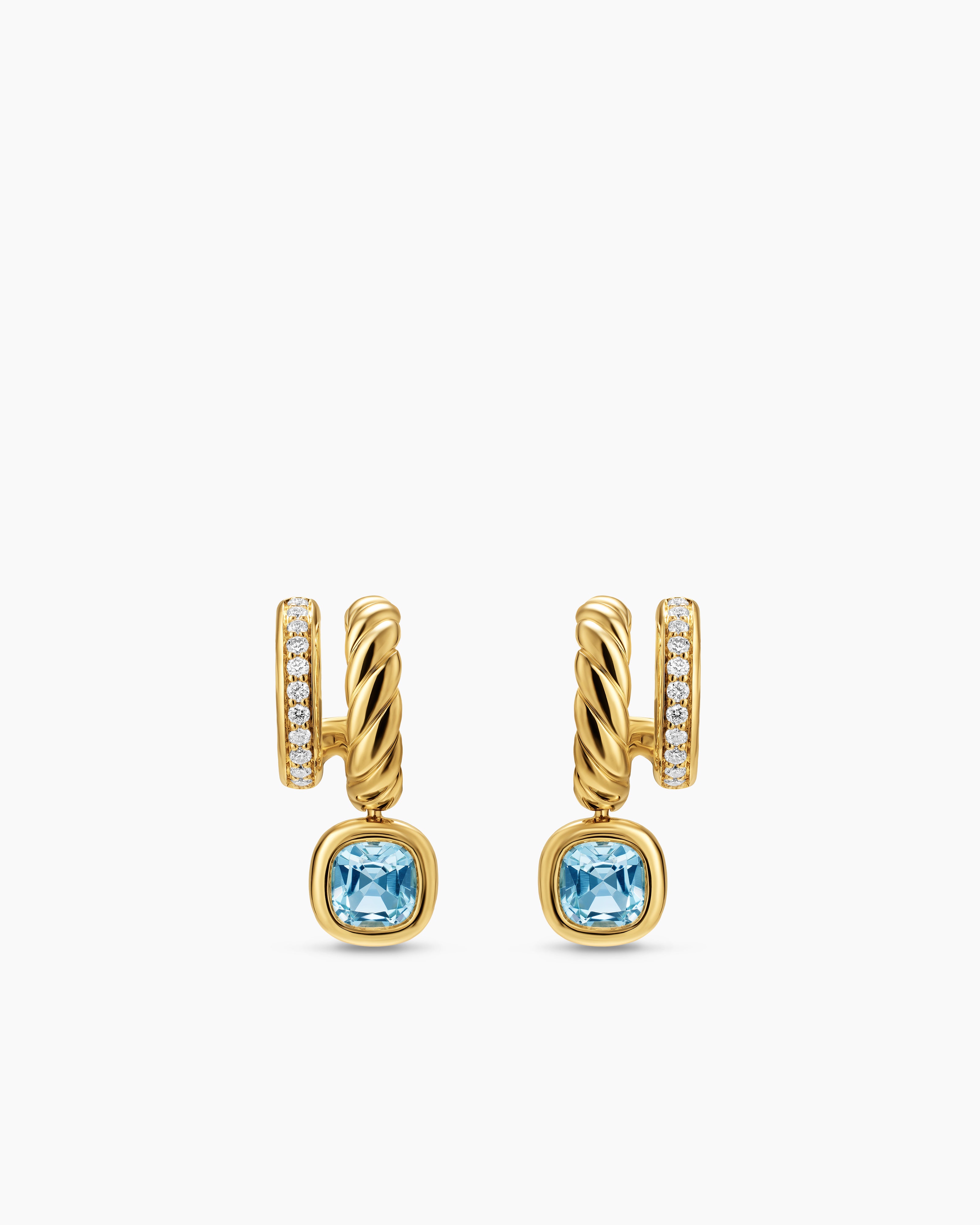 Womens DY Mercer&reg; Color Two Row Drop Earrings in 18K Yellow Gold with Sky Blue Topaz and Diamonds, 19.5mm