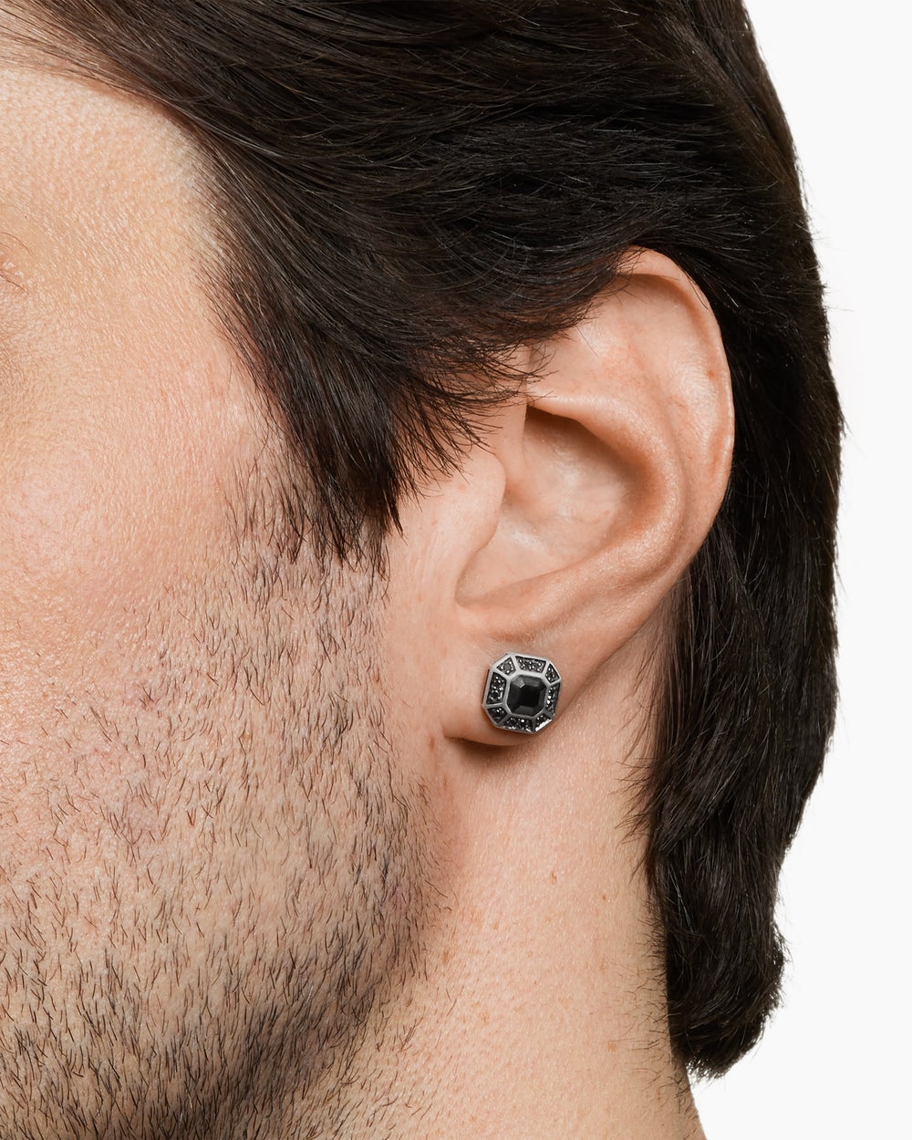 Mens Streamline® Pavé Stud Earring in Sterling Silver with Black Diamonds, 10mm