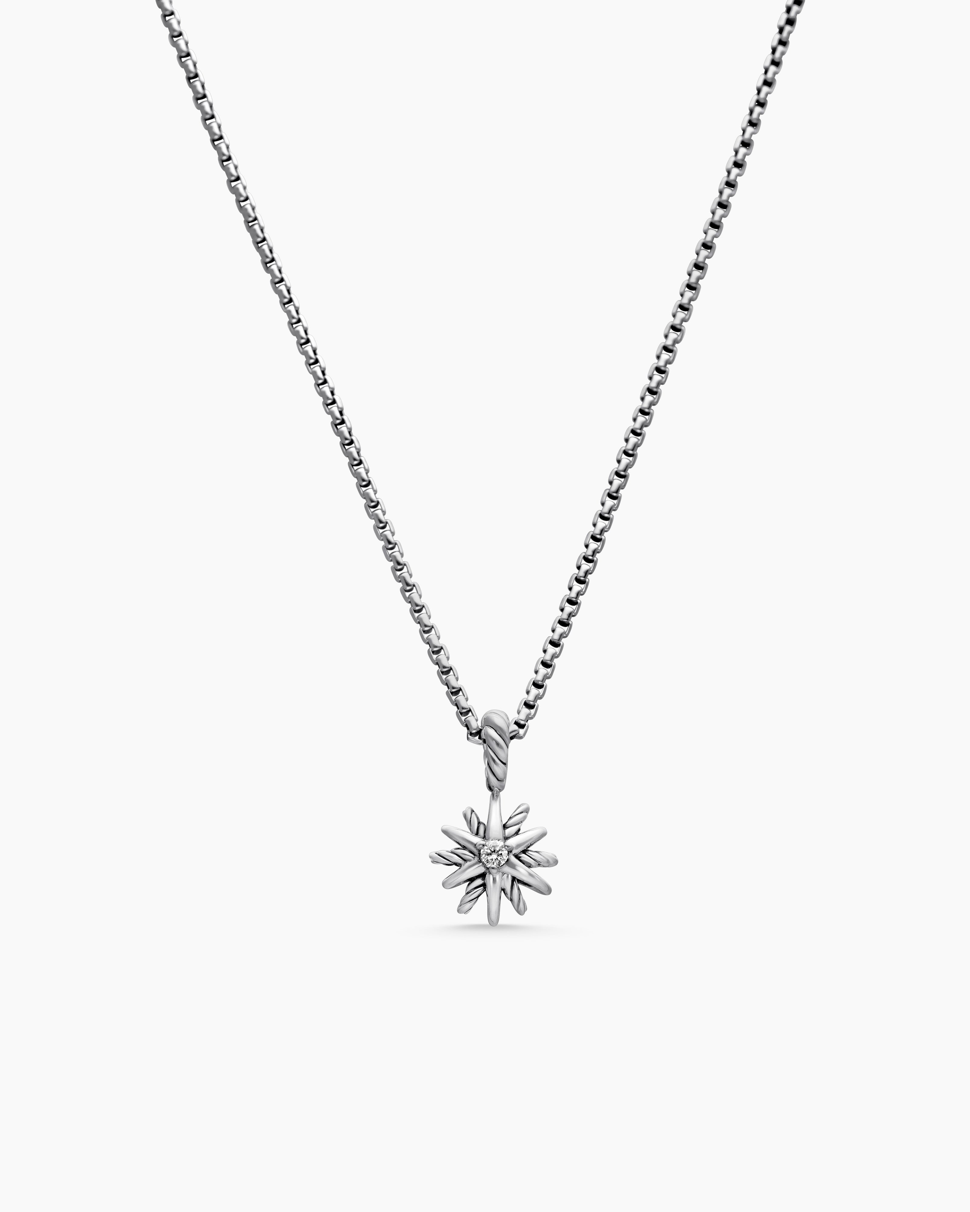 Womens Starburst Teen Necklace in Sterling Silver with Center Diamond, 8mm