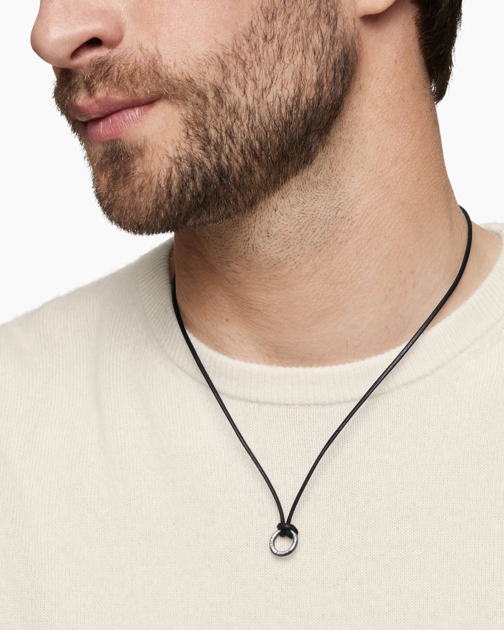 Mens Circle Amulet Necklace in Sterling Silver and Black Wax Cord, 1.7mm