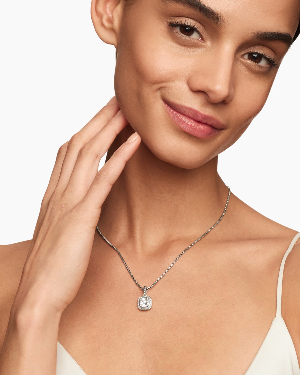 Womens Petite Albion® Pendant Necklace in Sterling Silver with White Topaz and Diamonds, 7mm