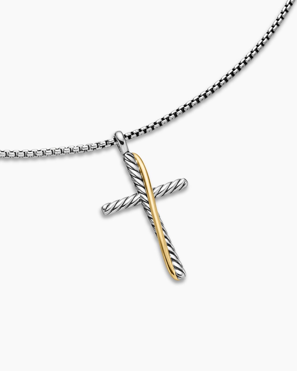 Womens Crossover Cross Necklace in Sterling Silver with 18K Yellow Gold, 35.6mm