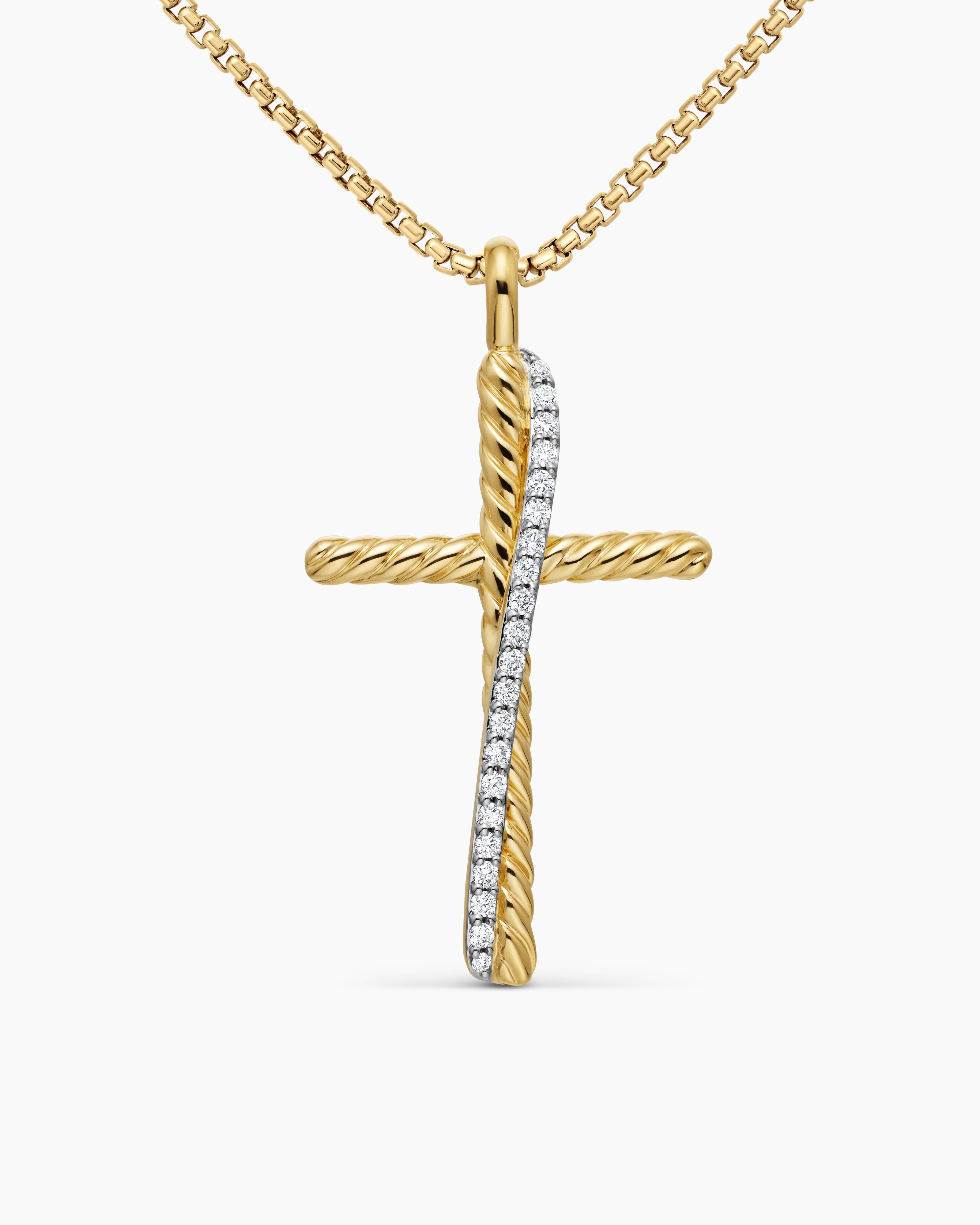 Womens Crossover Cross Necklace in 18K Yellow Gold with Diamonds, 35.6mm