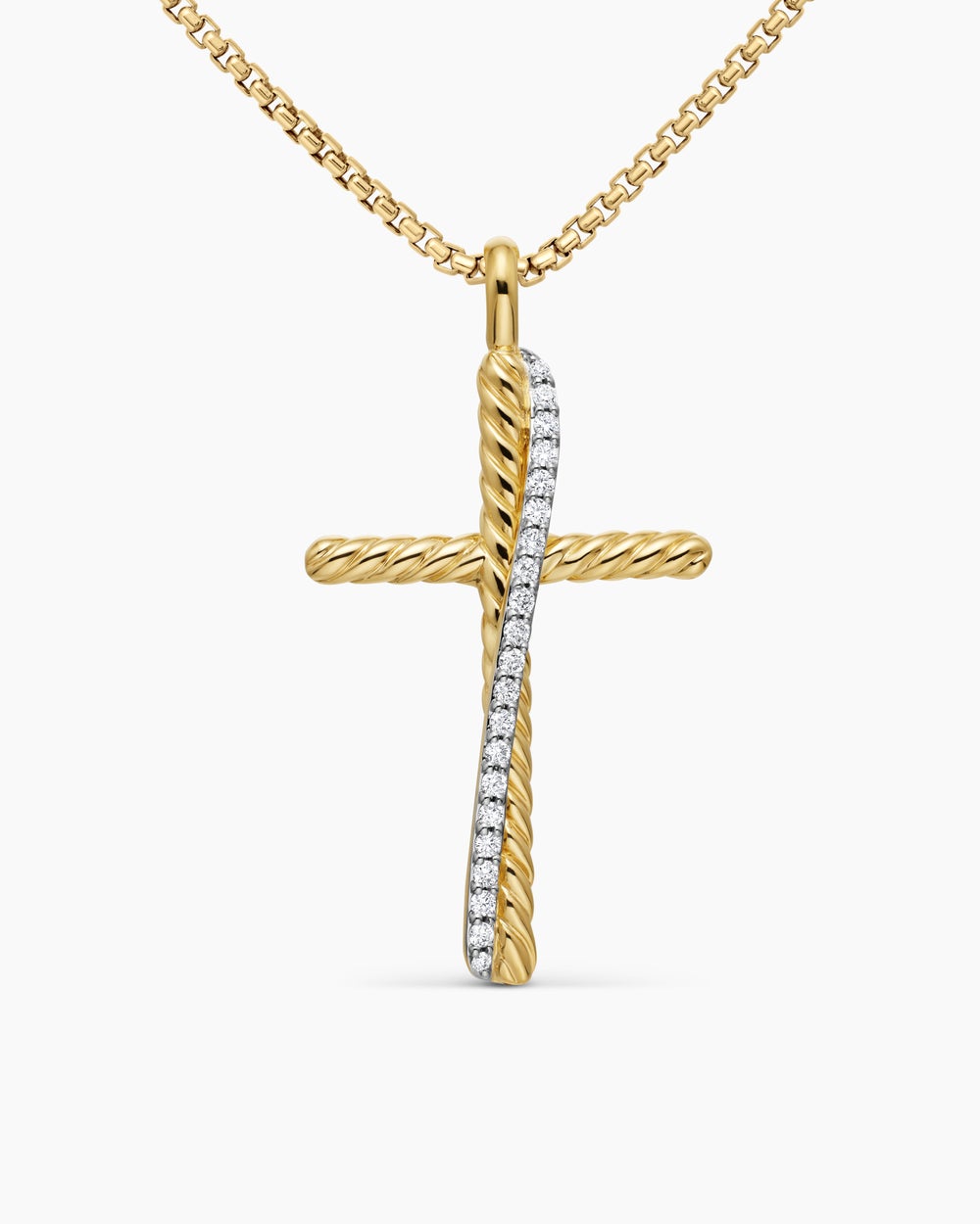 Womens Crossover Cross Necklace in 18K Yellow Gold with Diamonds, 35.6mm