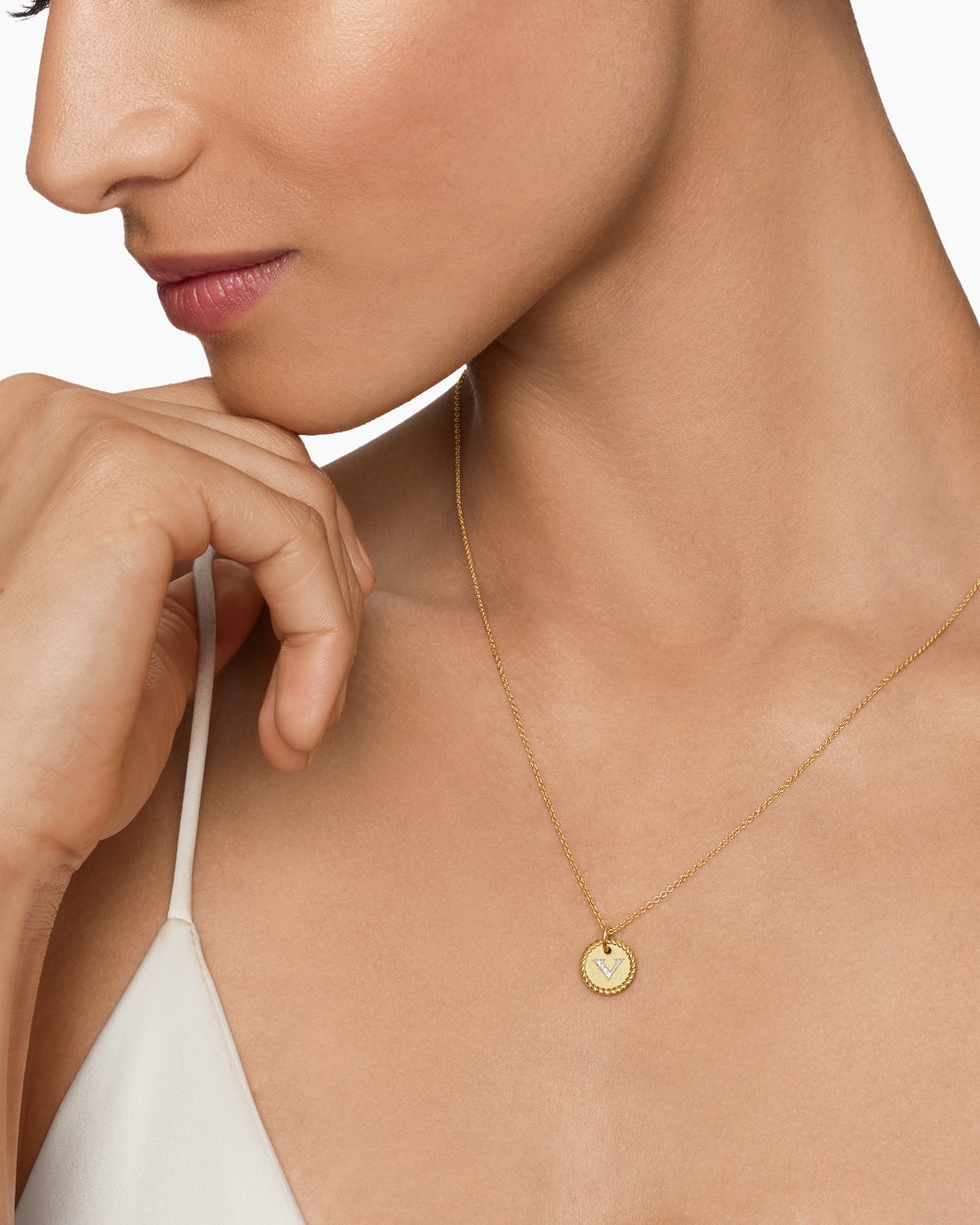Womens Initial Charm Necklace in 18K Yellow Gold with Diamond V