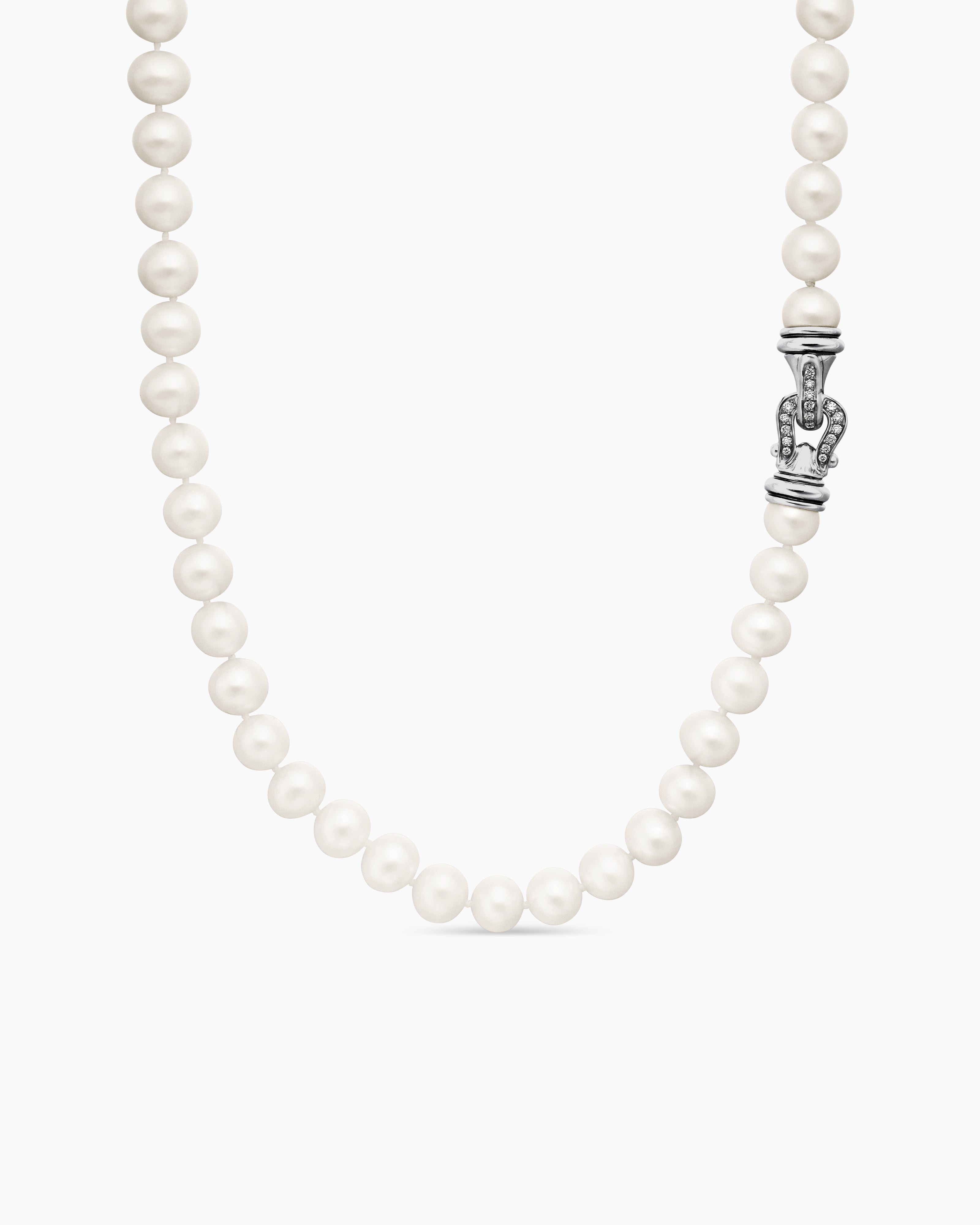 Womens Pearl Strand Necklace in Sterling Silver with Diamonds, 8mm