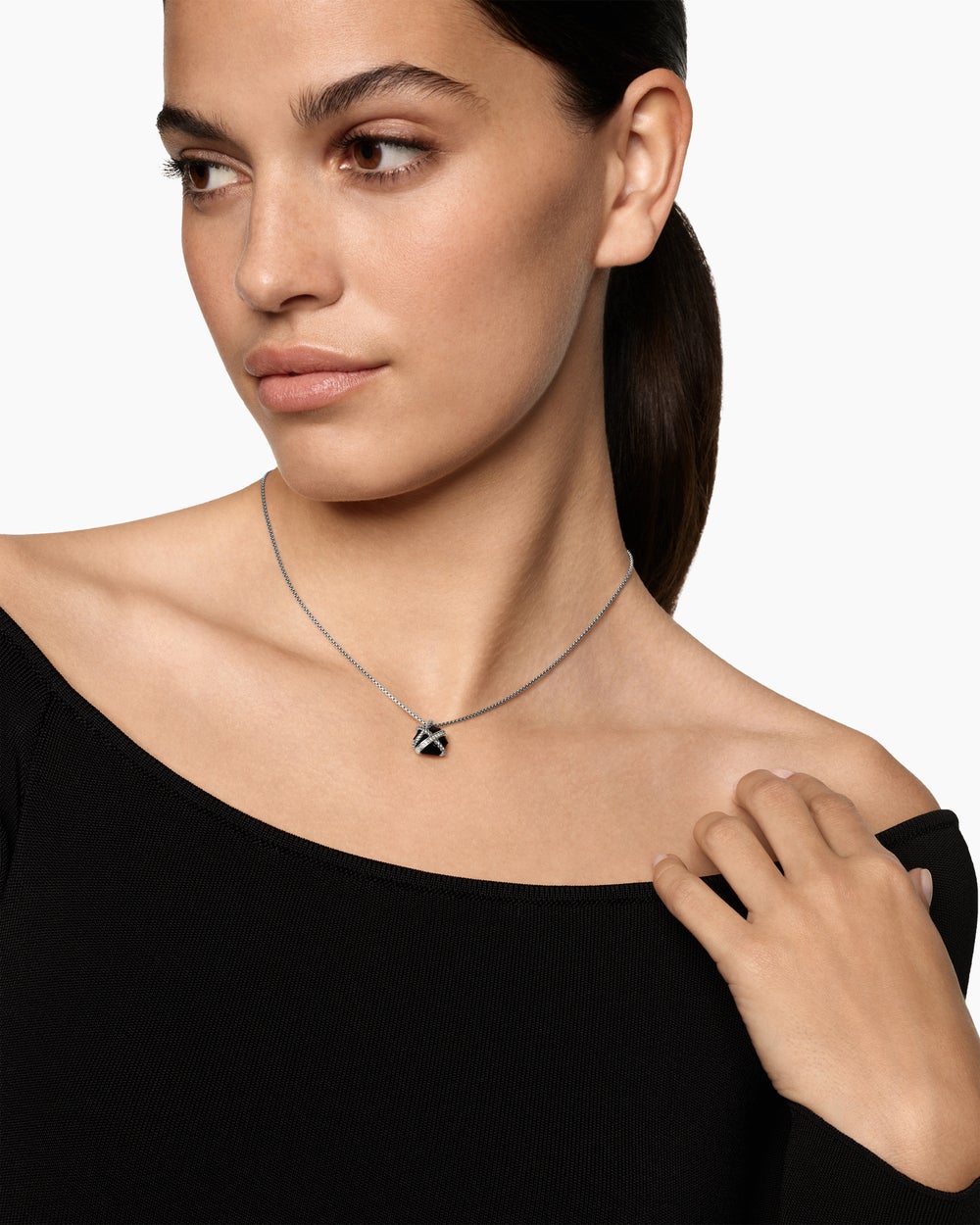 Womens Cable Wrap Necklace in Sterling Silver with Black Onyx and Diamonds, 12.5mm
