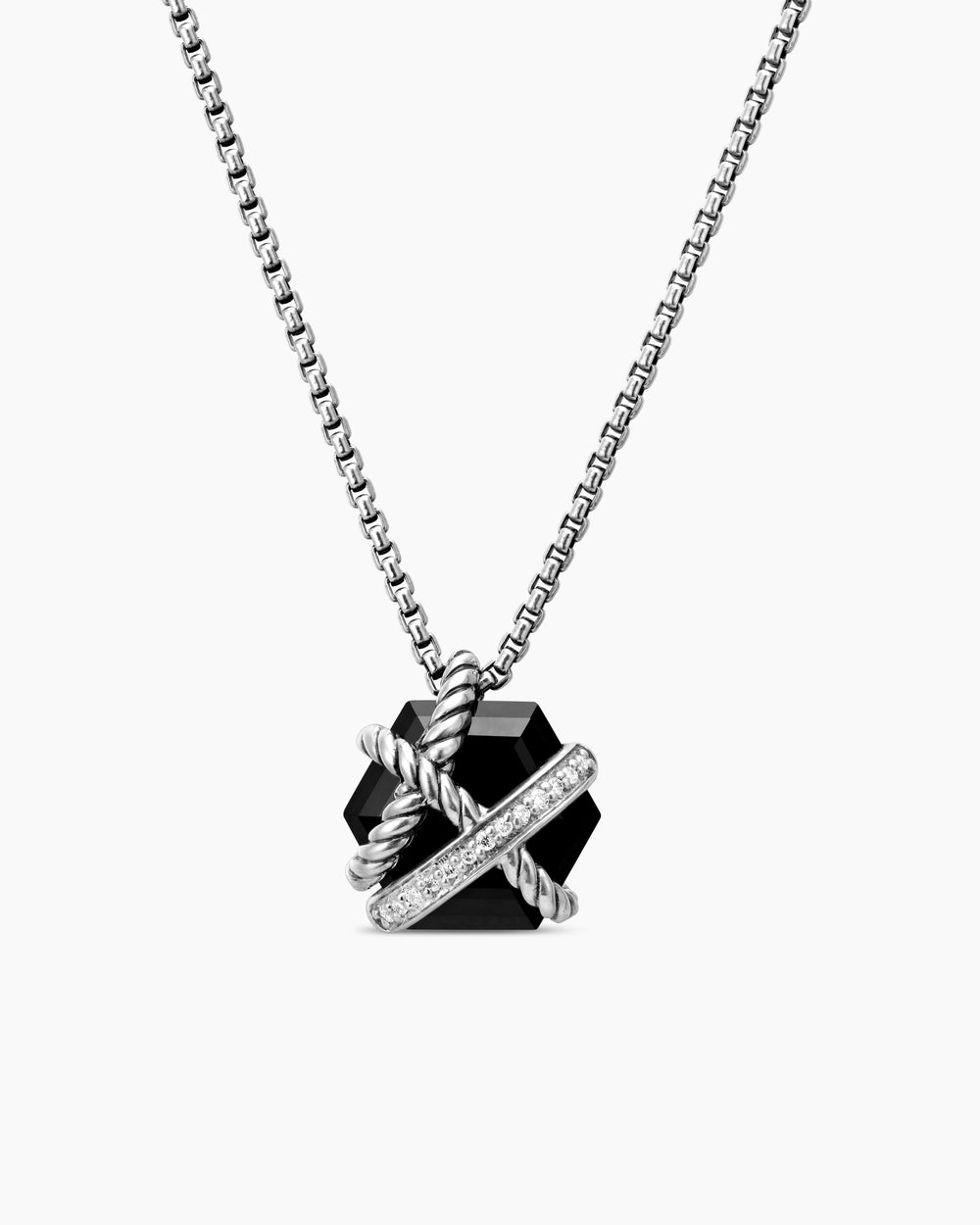 Womens Cable Wrap Necklace in Sterling Silver with Black Onyx and Diamonds, 12.5mm
