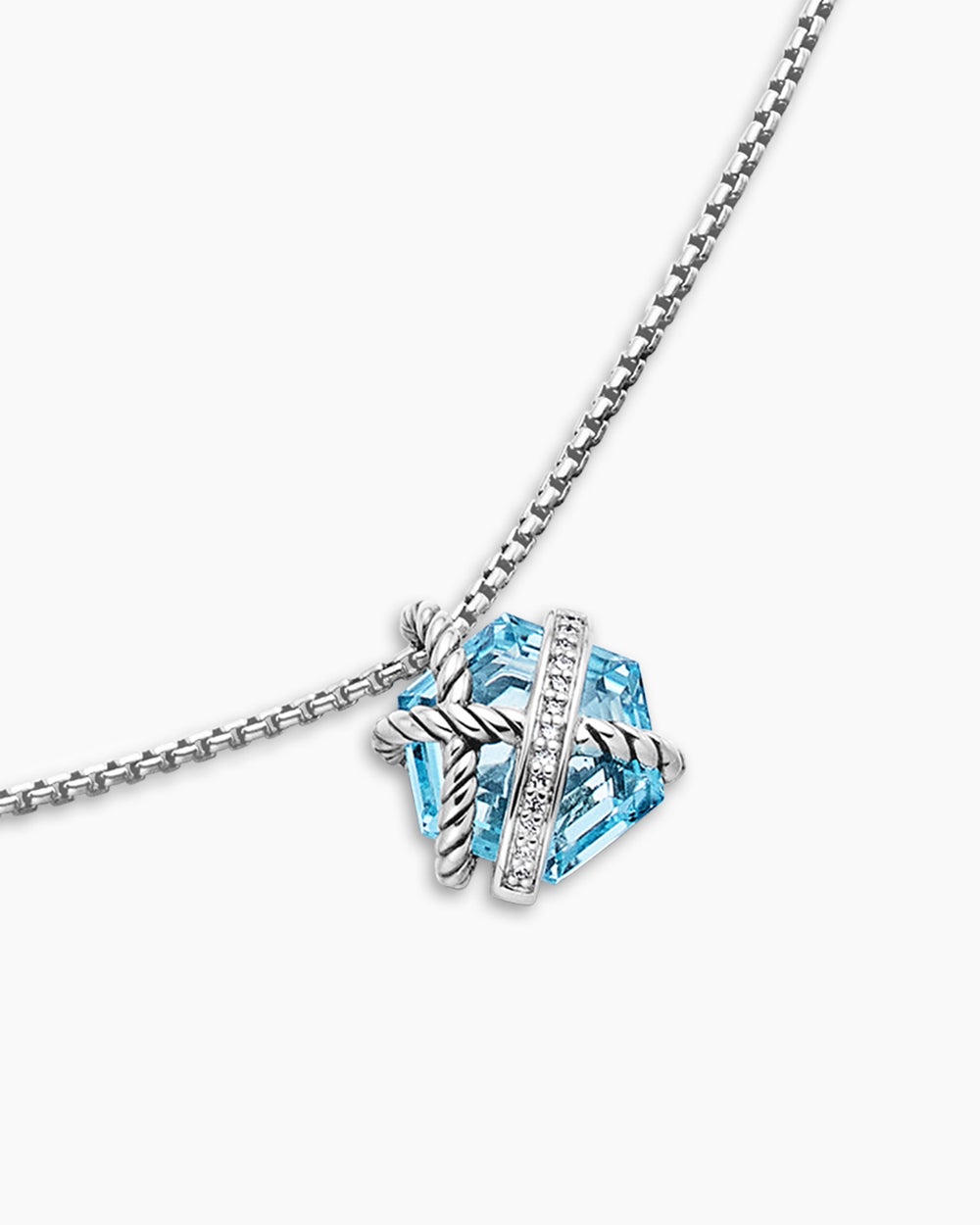 Womens Cable Wrap Necklace in Sterling Silver with Blue Topaz and Diamonds, 12.5mm
