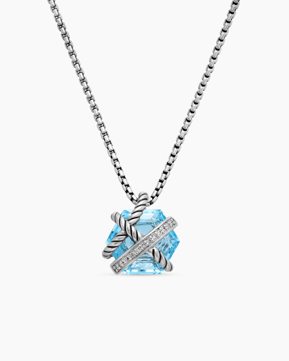 Womens Cable Wrap Necklace in Sterling Silver with Blue Topaz and Diamonds, 12.5mm