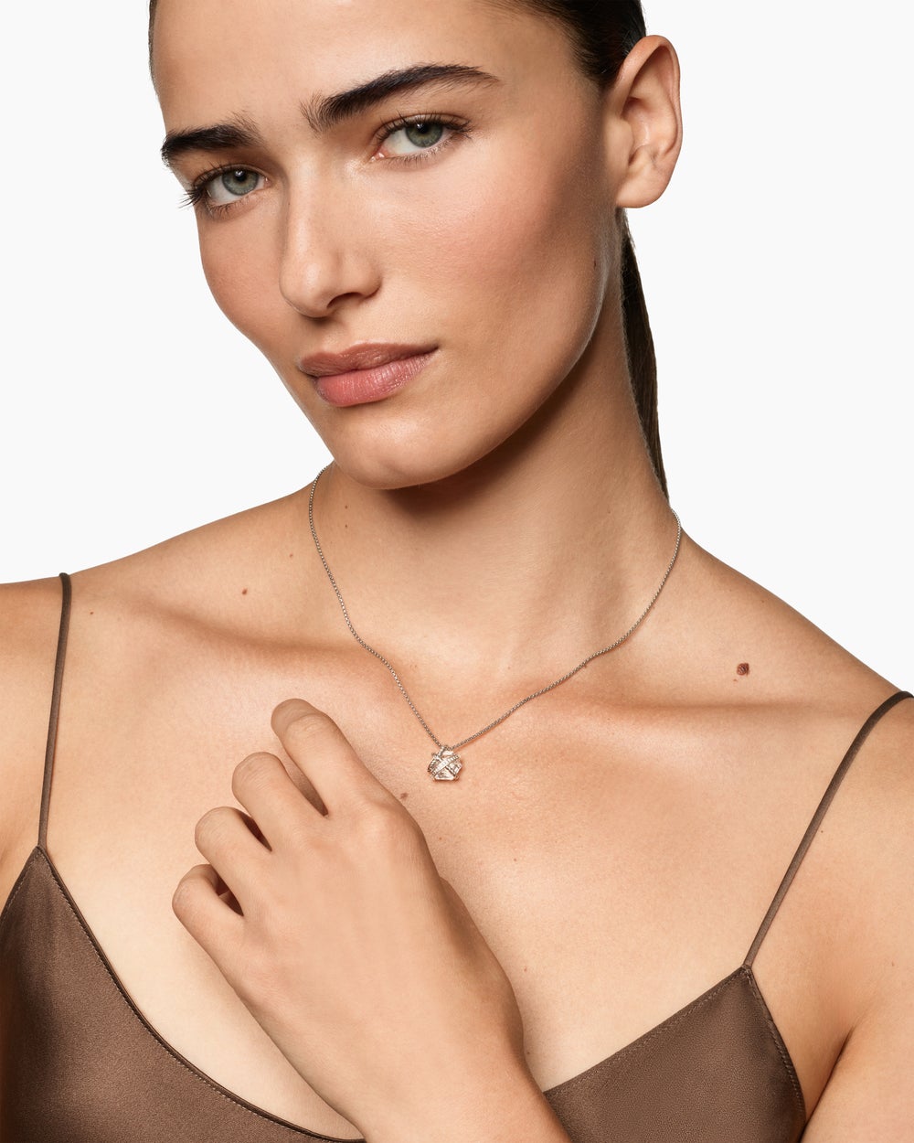 Womens Cable Wrap Necklace in Sterling Silver with Crystal and Diamonds, 12.5mm