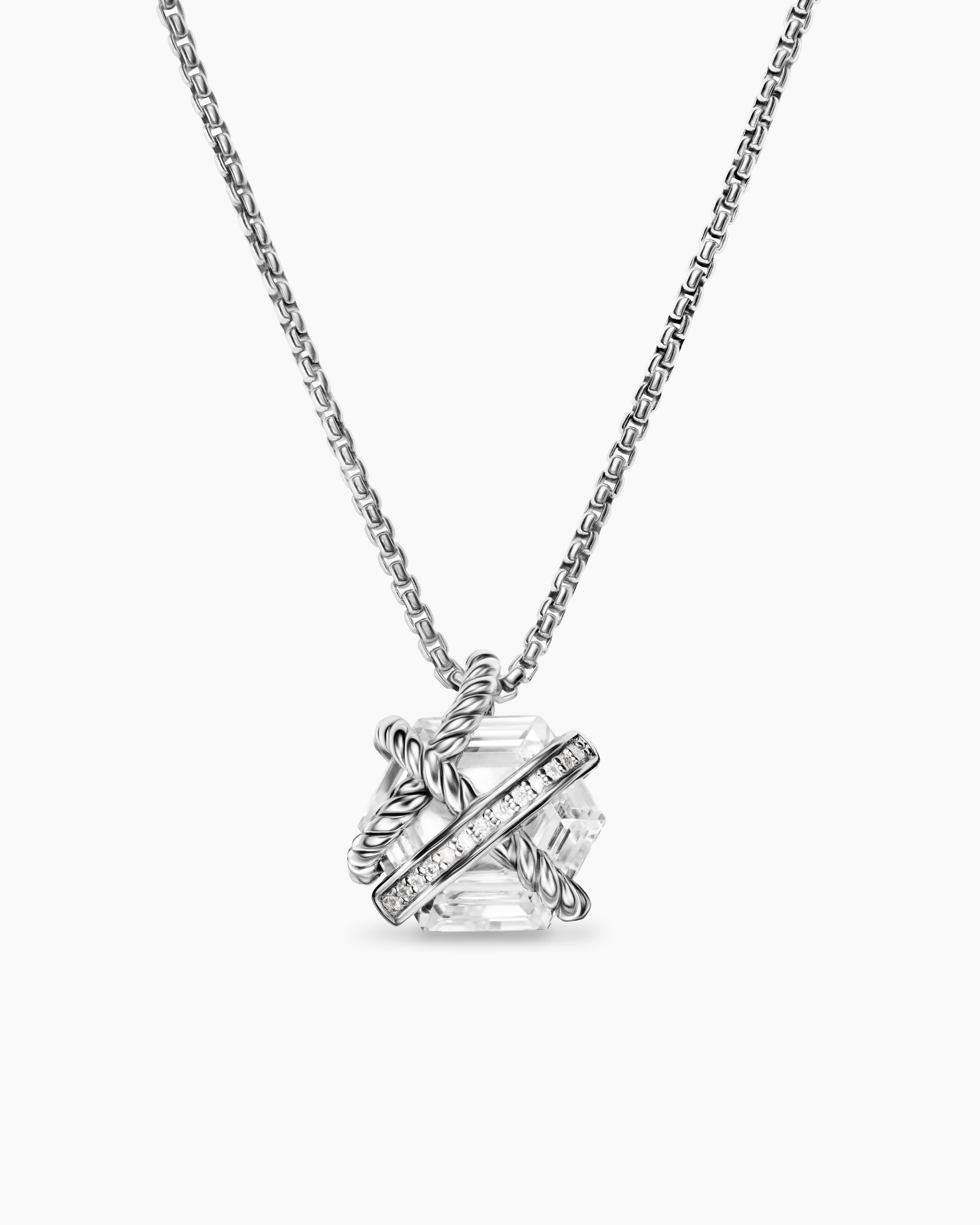 Womens Cable Wrap Necklace in Sterling Silver with Crystal and Diamonds, 12.5mm