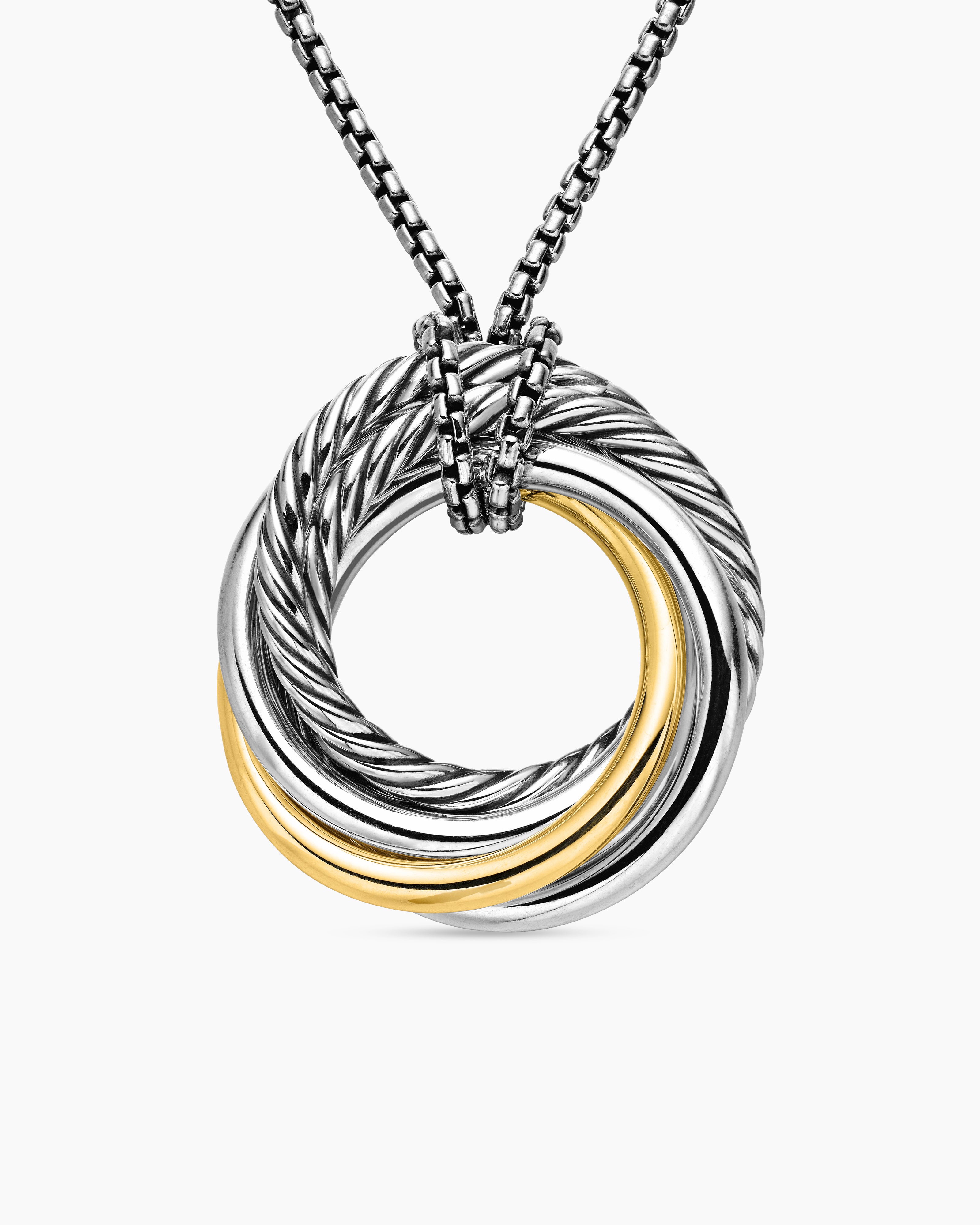 Womens Crossover Pendant Necklace in Sterling Silver with 14ct Yellow Gold, 28mm