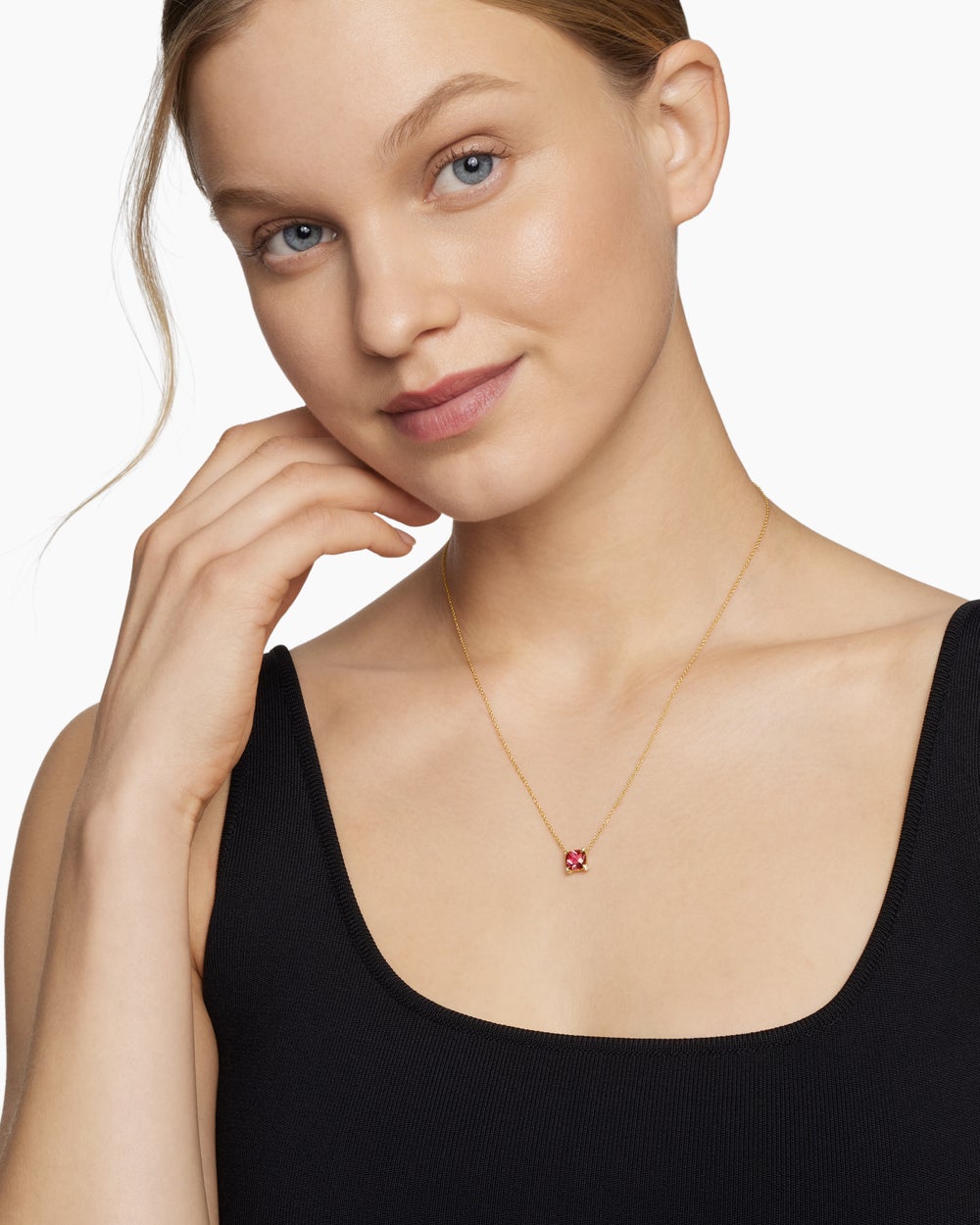 Womens Petite Chatelaine® Pendant Necklace in 18K Yellow Gold with Pink Tourmaline and Diamonds, 7mm