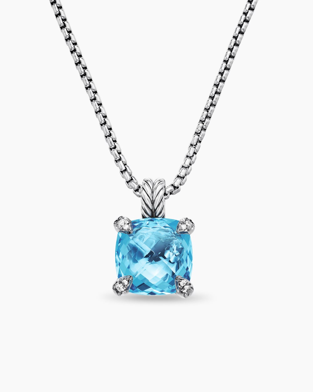 Womens Chatelaine® Pendant Necklace in Sterling Silver with Blue Topaz and Diamonds, 11mm