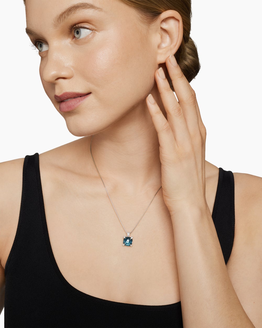 Womens Chatelaine® Pendant Necklace in Sterling Silver with Hampton Blue Topaz and Diamonds, 11mm