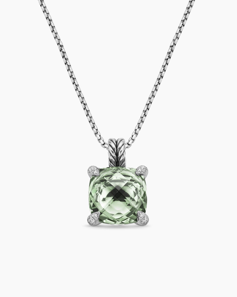 Womens Chatelaine® Pendant Necklace in Sterling Silver with Prasiolte and Diamonds, 11mm