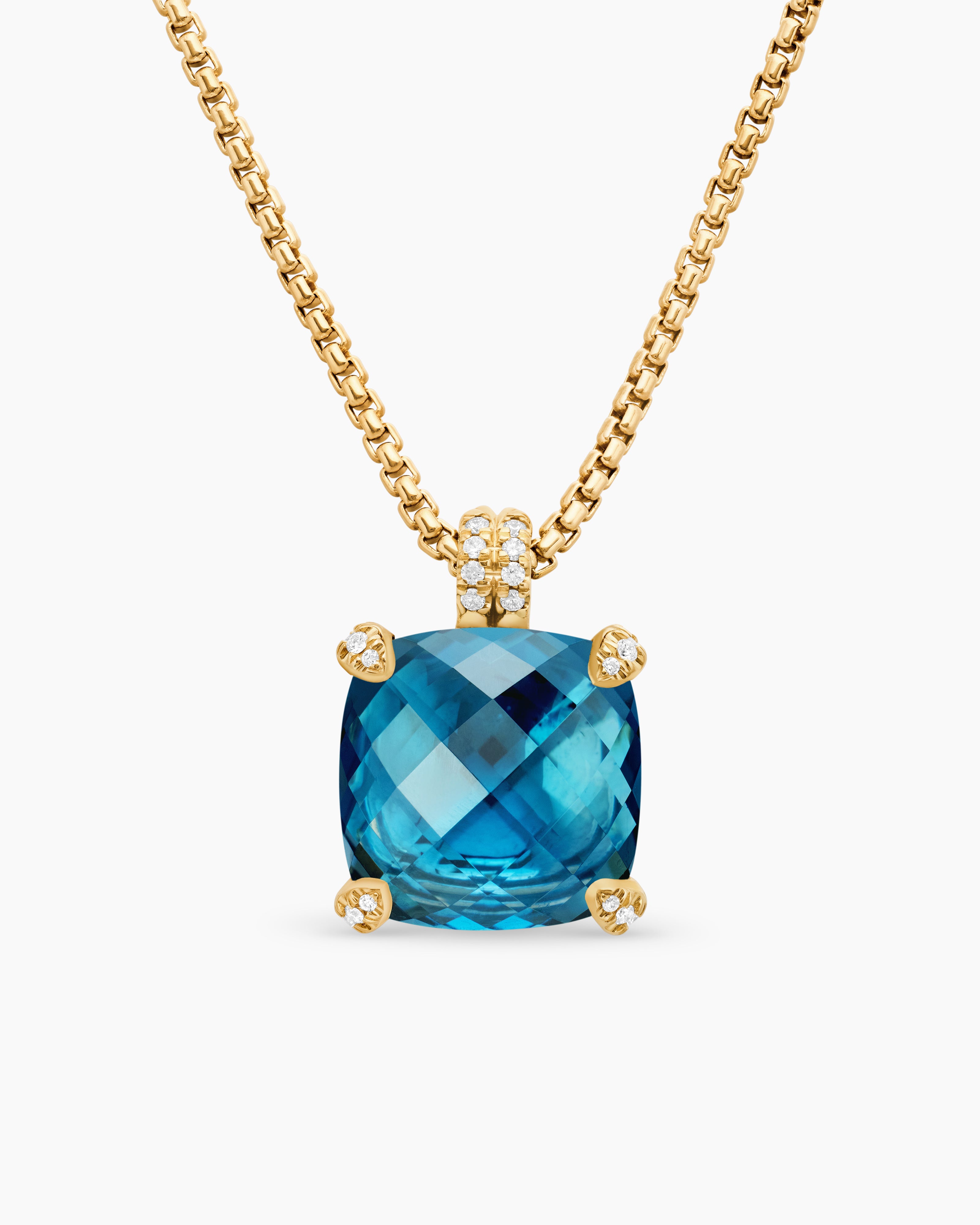 Womens Chatelaine&reg; Pendant Necklace in 18K Yellow Gold with Hampton Blue Topaz and Diamonds, 14mm