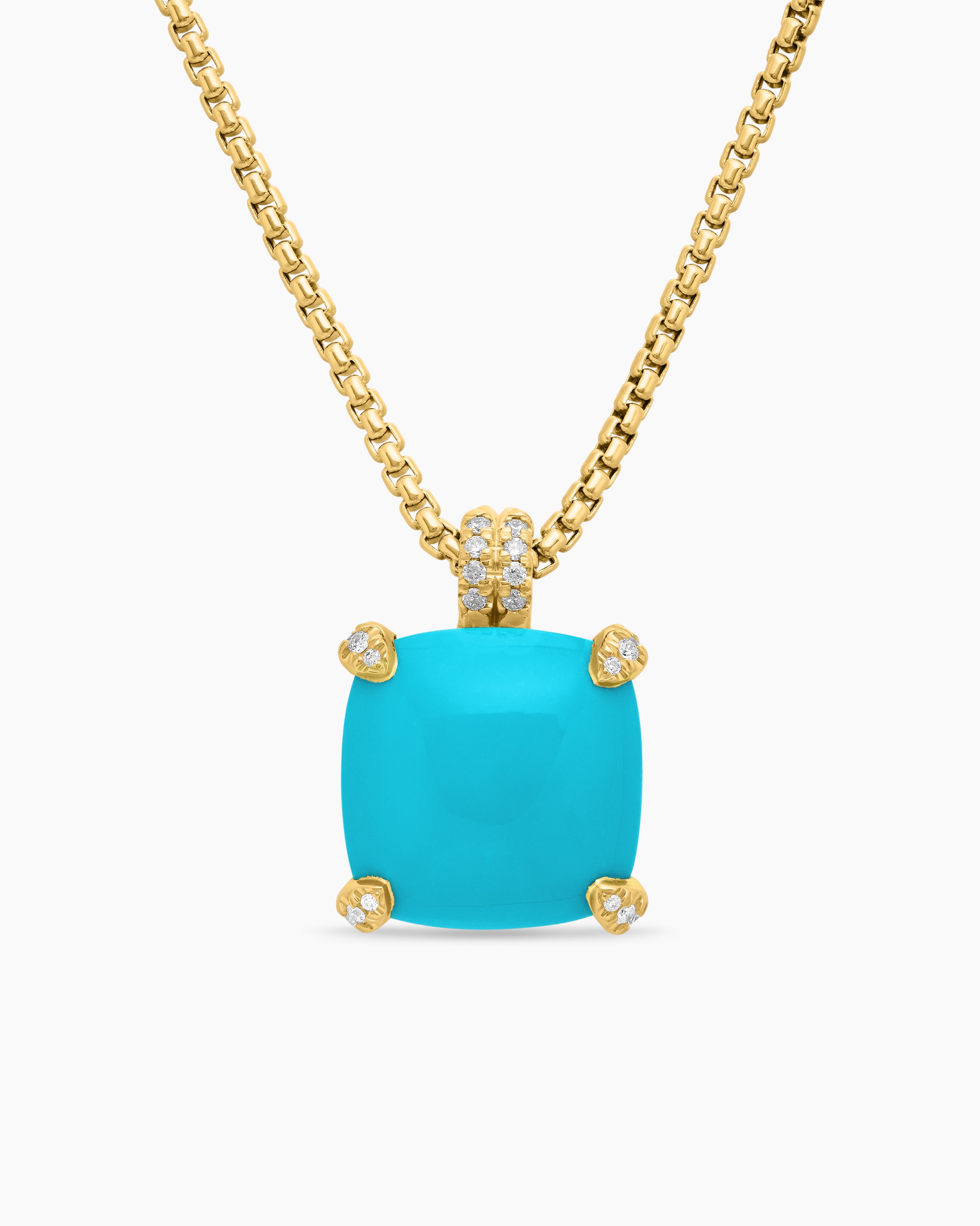 Womens Chatelaine&reg; Pendant Necklace in 18K Yellow Gold with Turquoise and Diamonds, 14mm