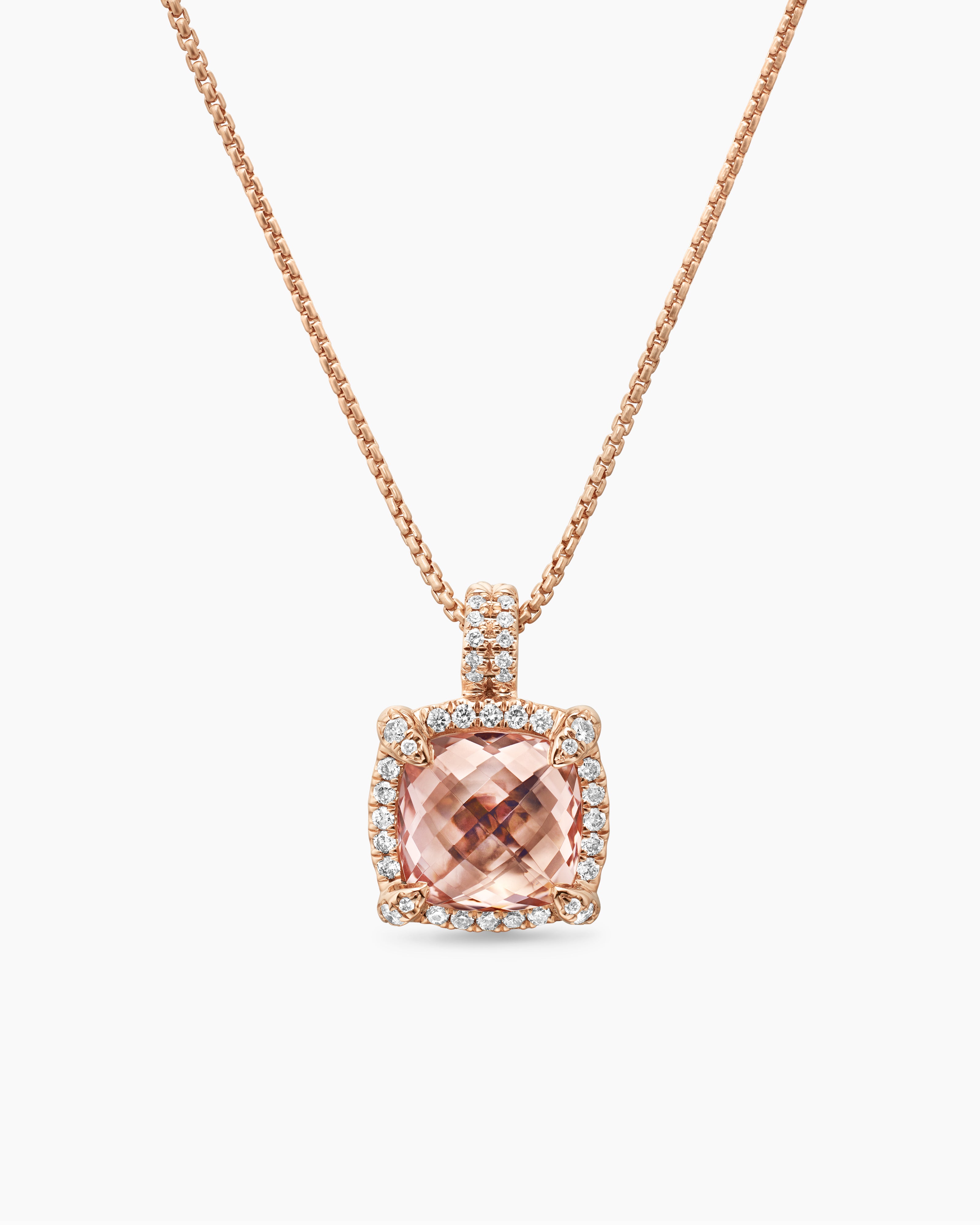 Womens Chatelaine&reg; Pav&eacute; Bezel Pendant Necklace in 18K Rose Gold with Morganite and Diamonds, 9mm