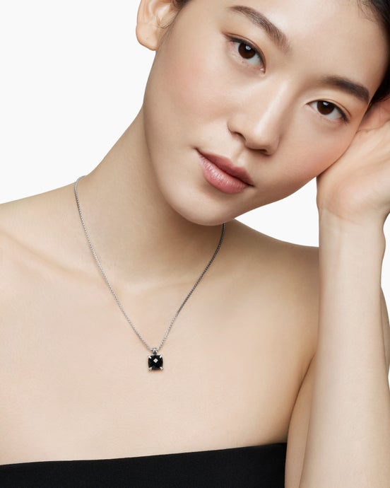 Chatelaine® Pendant Necklace in Sterling Silver with Black Onyx and Diamonds, 11mm