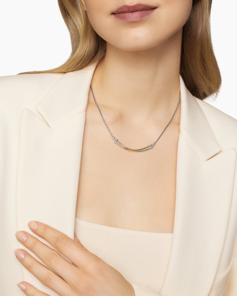 Womens Crossover Bar Necklace in Sterling Silver with 18K Yellow Gold