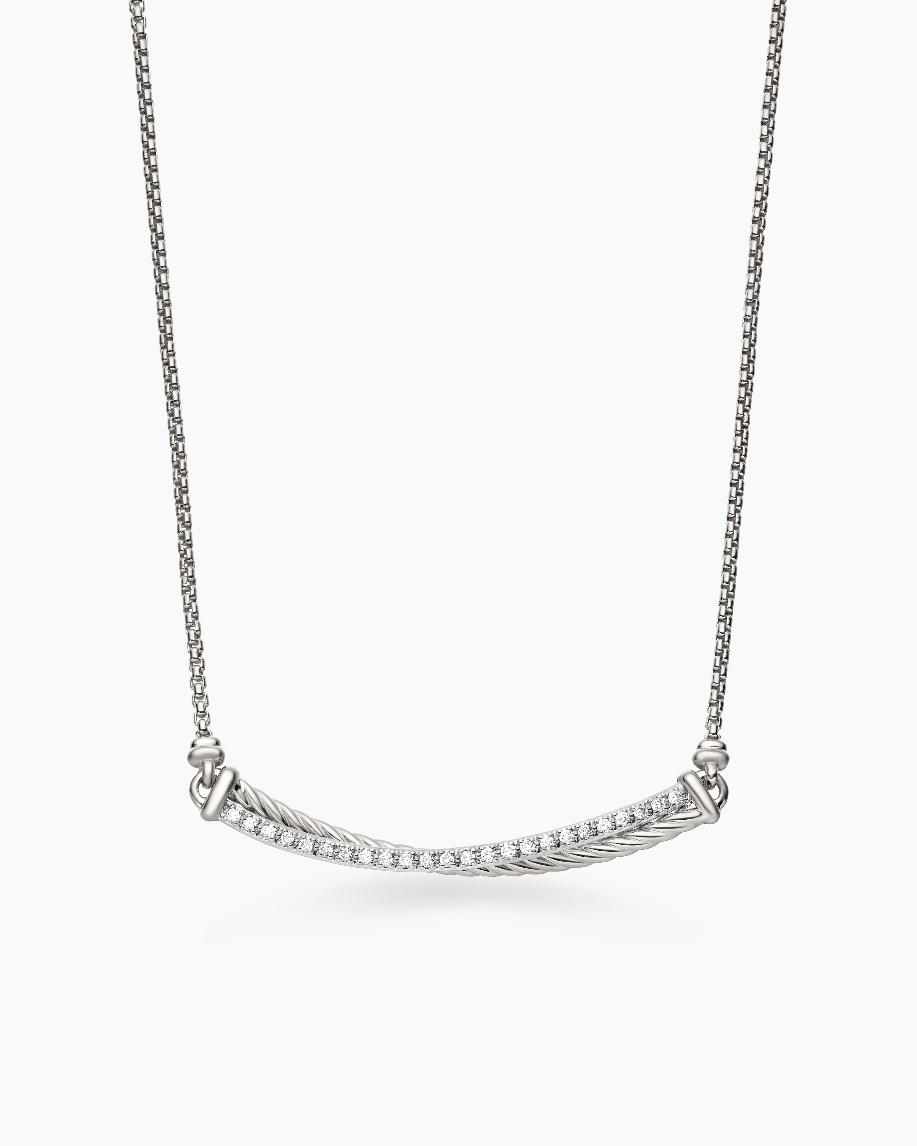 Womens Crossover Bar Necklace in Sterling Silver with Diamonds