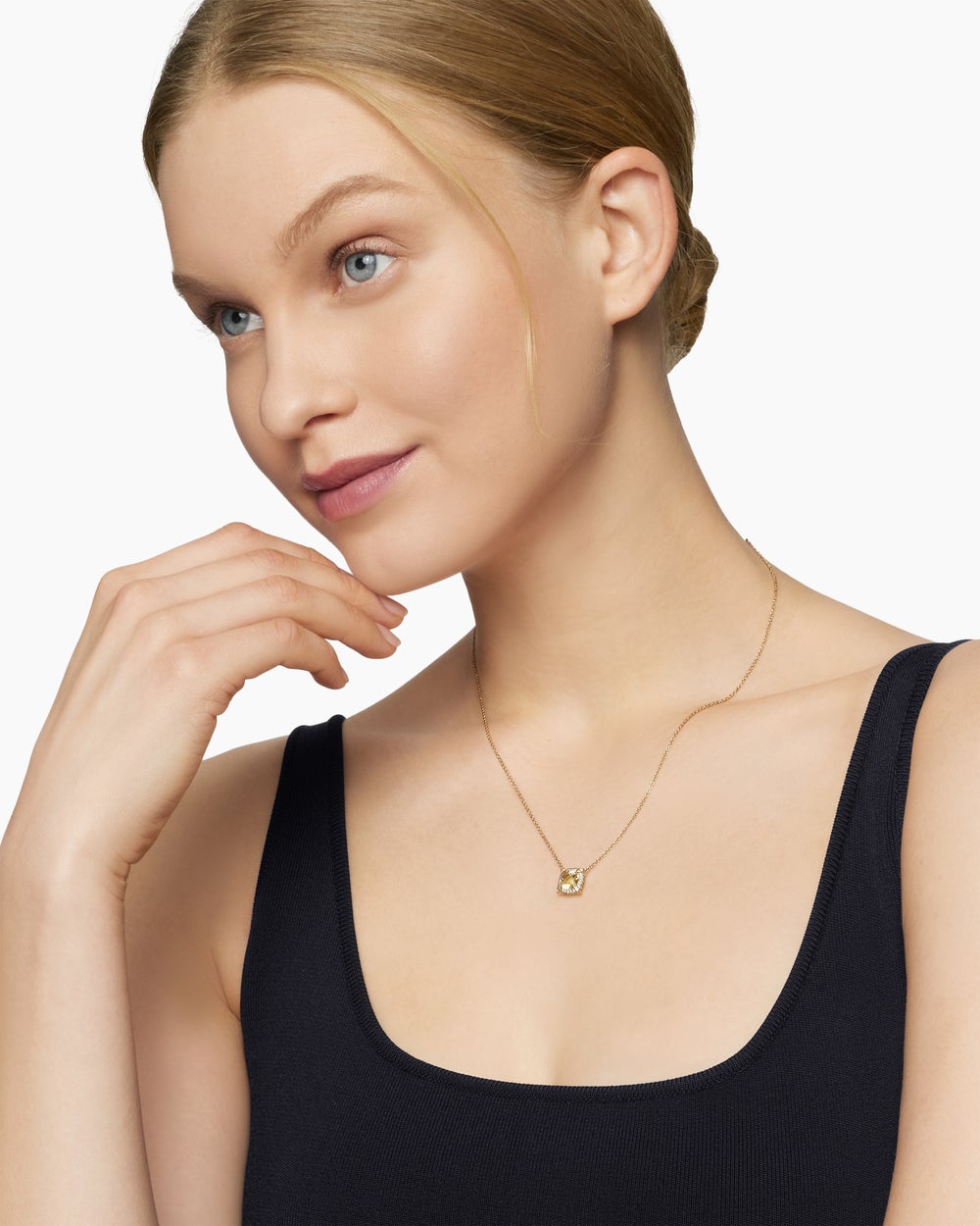 Womens Petite Chatelaine® Pavé Bezel Pendant Necklace in 18K Yellow Gold with Champagne Citrine and Diamonds, 7mm