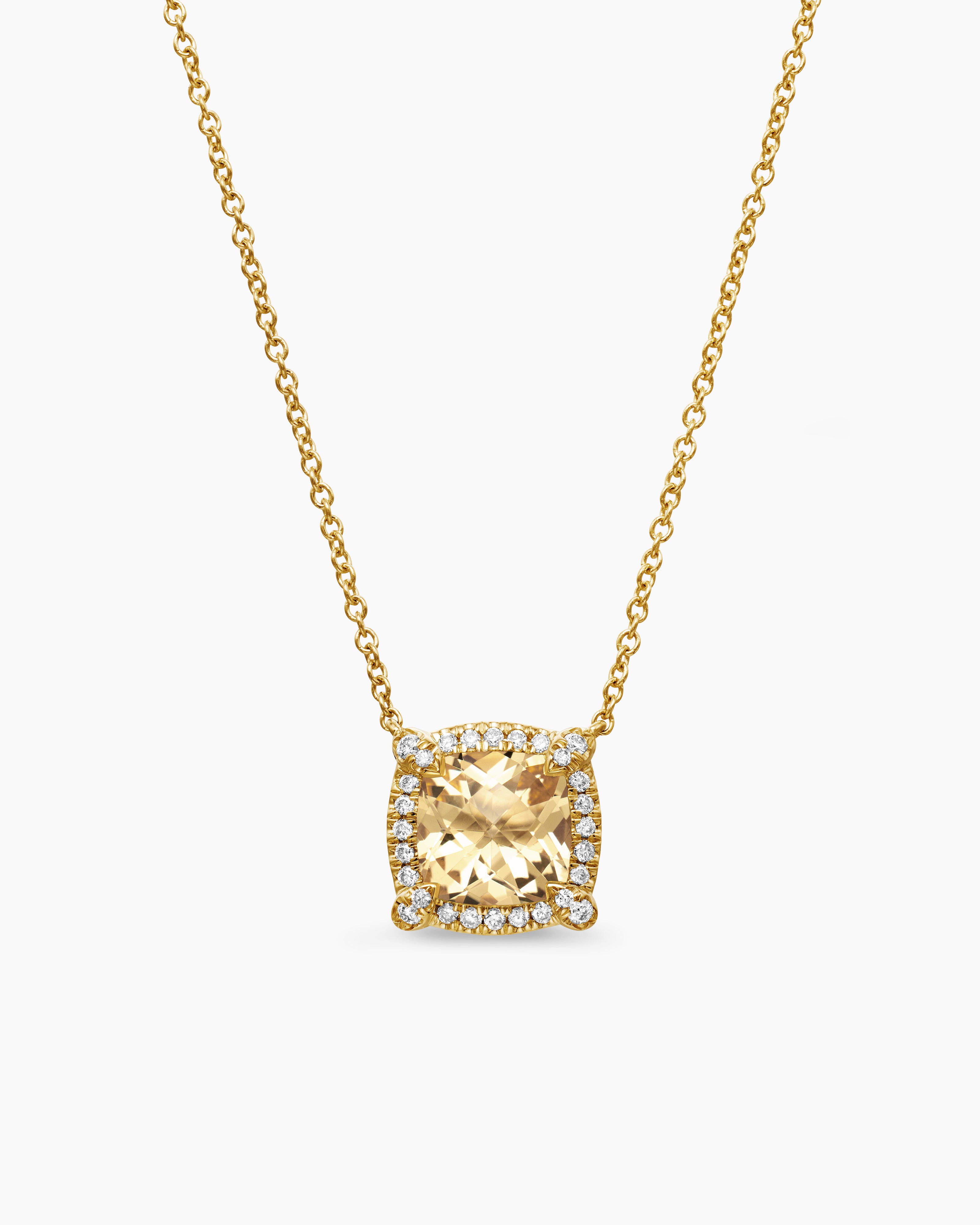 Womens Petite Chatelaine&reg; Pav&eacute; Bezel Pendant Necklace in 18K Yellow Gold with Champagne Citrine and Diamonds, 7mm