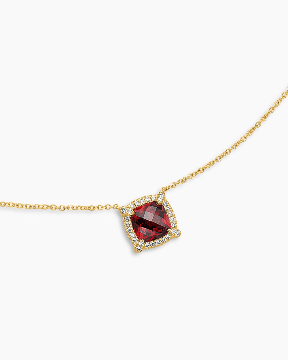Womens Petite Chatelaine® Pavé Bezel Pendant Necklace in 18K Yellow Gold with Garnet and Diamonds, 7mm