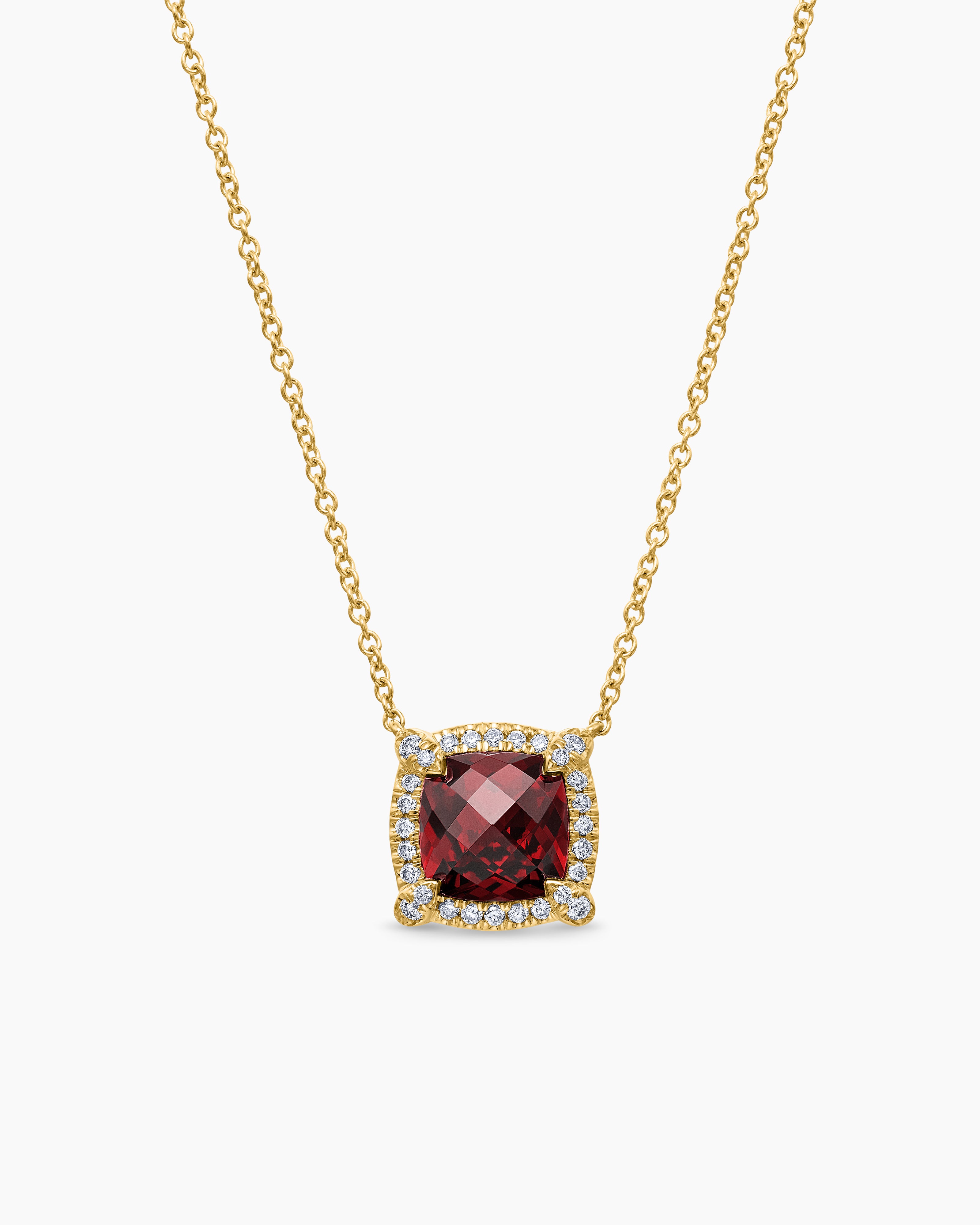 Womens Petite Chatelaine&reg; Pav&eacute; Bezel Pendant Necklace in 18K Yellow Gold with Garnet and Diamonds, 7mm