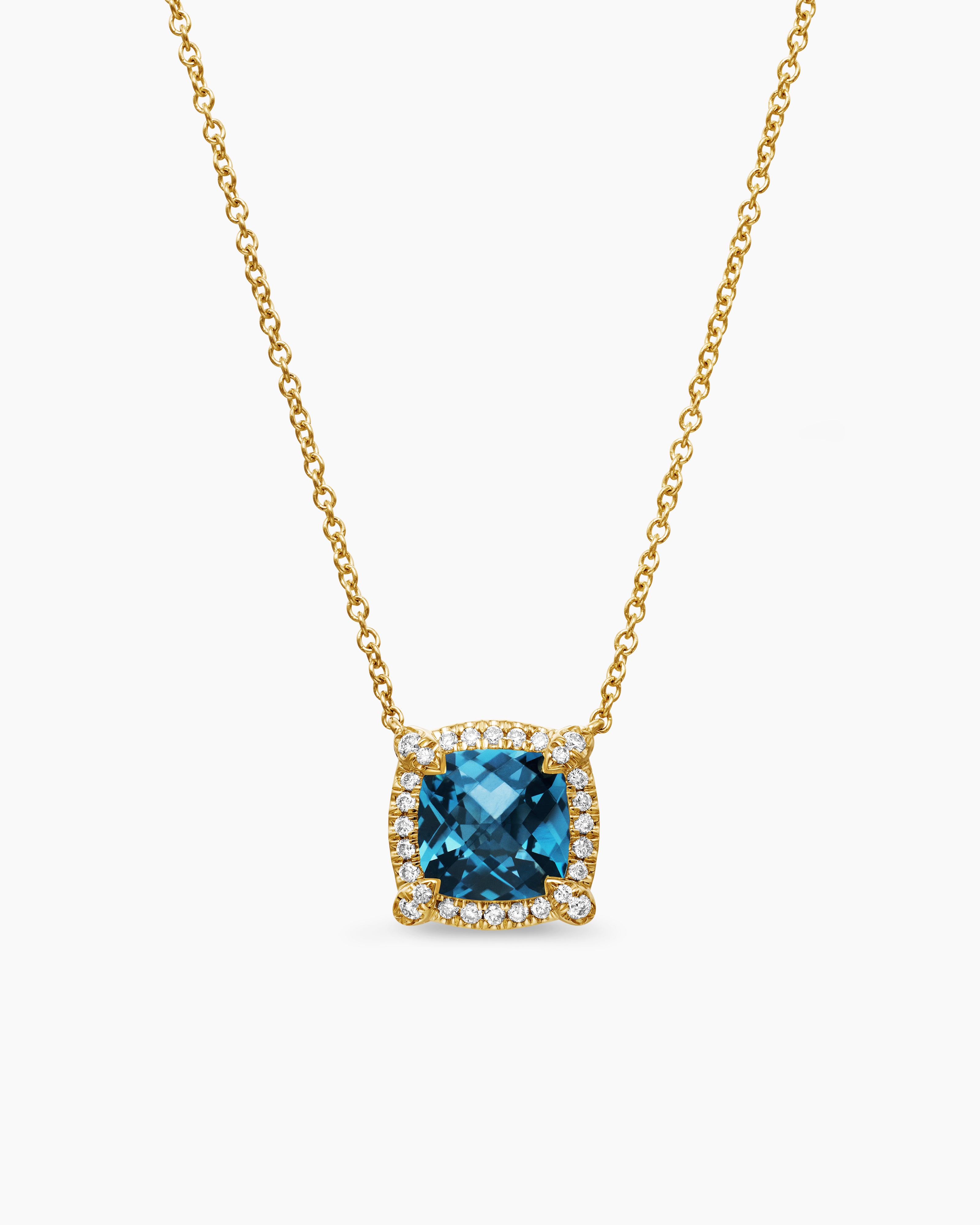 Womens Petite Chatelaine&reg; Pav&eacute; Bezel Pendant Necklace in 18K Yellow Gold with Hampton Blue Topaz and Diamonds, 7mm