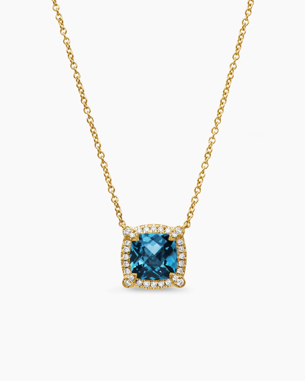 Womens Petite Chatelaine® Pavé Bezel Pendant Necklace in 18K Yellow Gold with Hampton Blue Topaz and Diamonds, 7mm