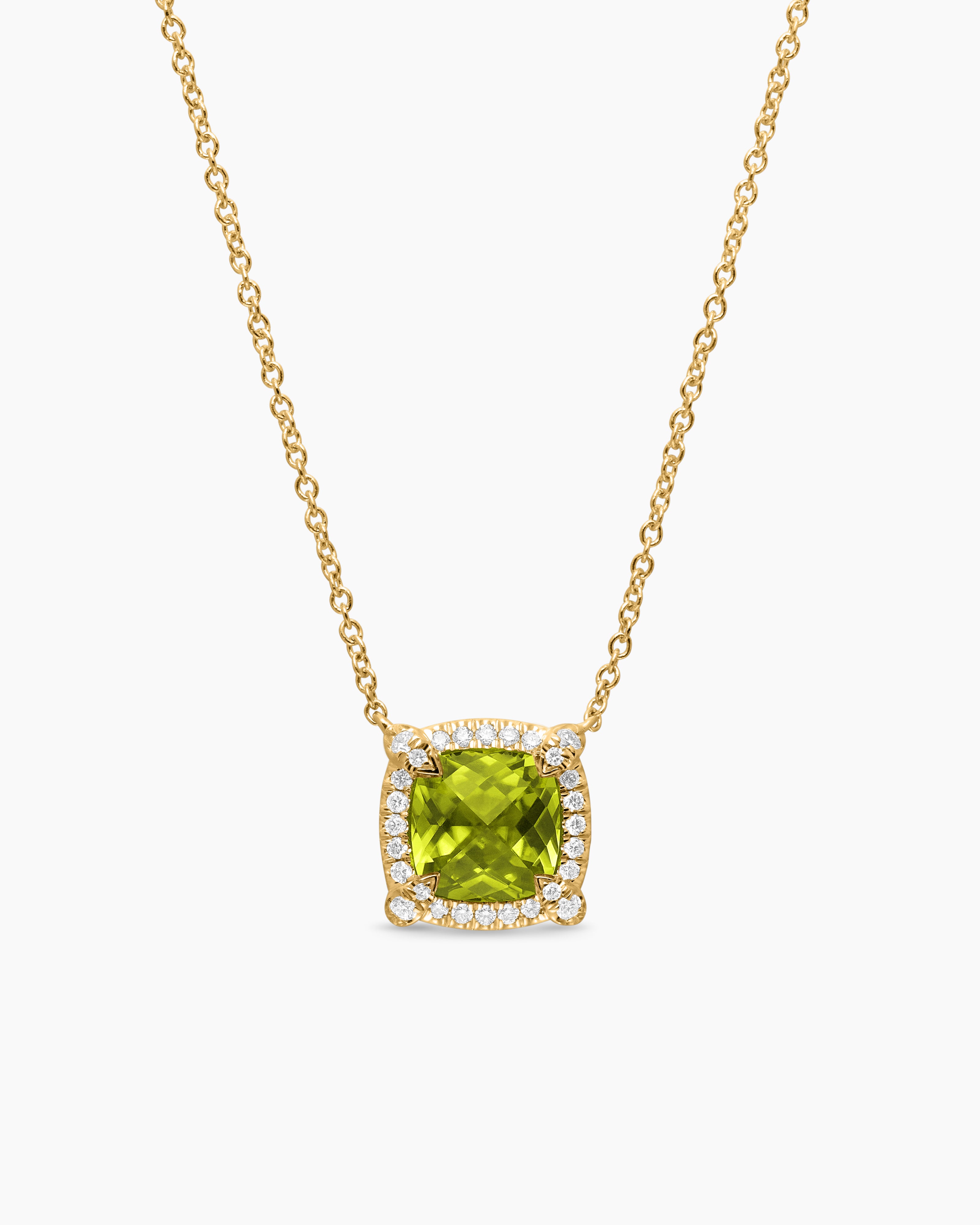 Womens Petite Chatelaine&reg; Pav&eacute; Bezel Pendant Necklace in 18K Yellow Gold with Peridot and Diamonds, 7mm