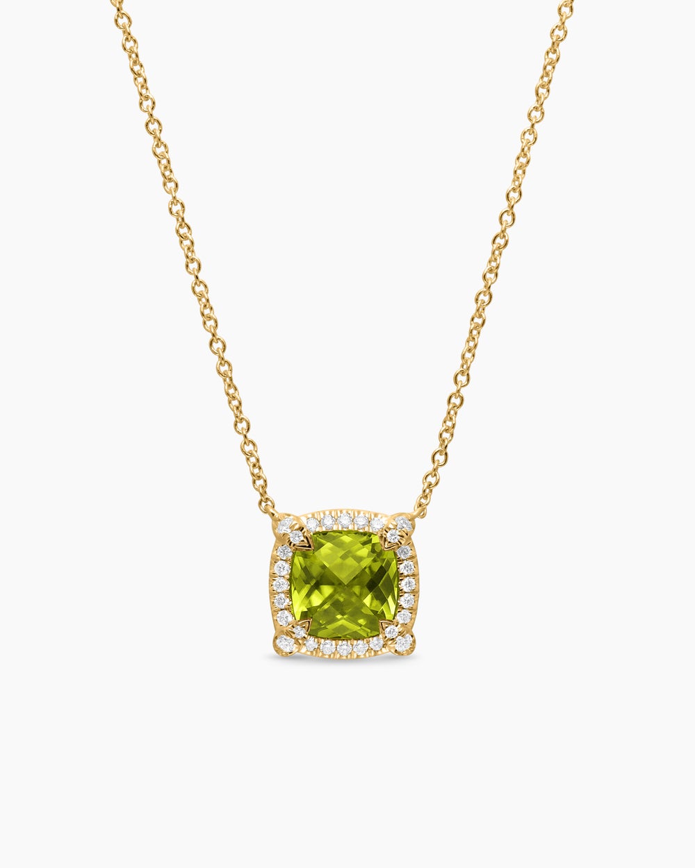 Womens Petite Chatelaine® Pavé Bezel Pendant Necklace in 18K Yellow Gold with Peridot and Diamonds, 7mm