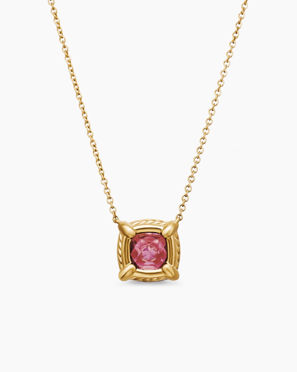 Womens Petite Chatelaine® Pavé Bezel Pendant Necklace in 18K Yellow Gold with Pink Tourmaline and Diamonds, 7mm
