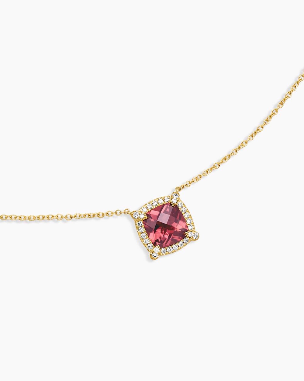 Womens Petite Chatelaine® Pavé Bezel Pendant Necklace in 18K Yellow Gold with Pink Tourmaline and Diamonds, 7mm
