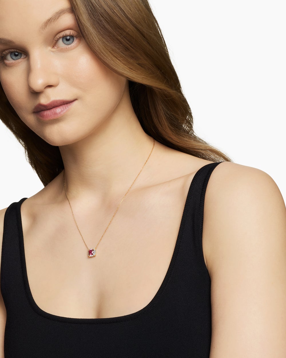 Womens Petite Chatelaine® Pavé Bezel Pendant Necklace in 18K Yellow Gold with Pink Tourmaline and Diamonds, 7mm