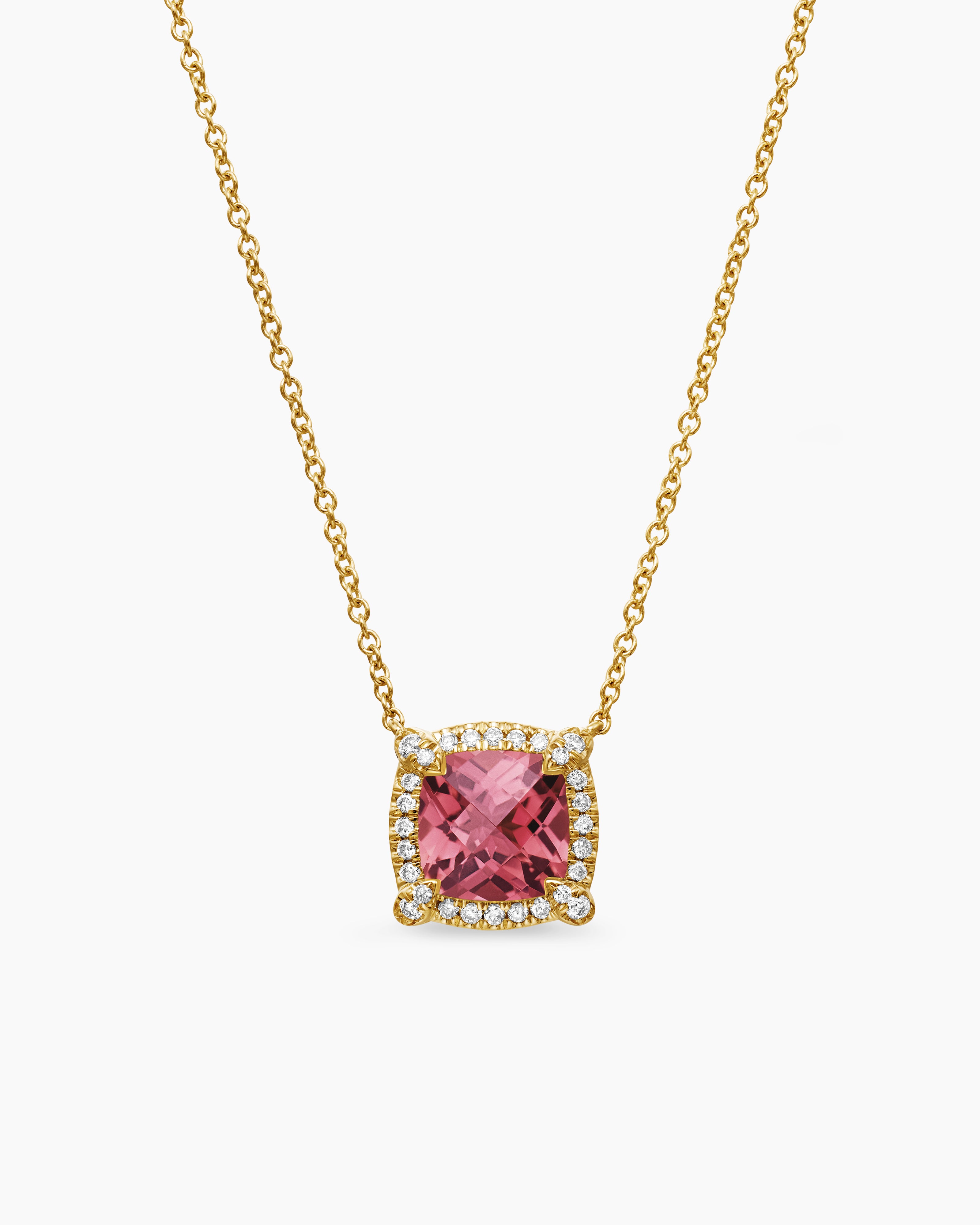 Womens Petite Chatelaine&reg; Pav&eacute; Bezel Pendant Necklace in 18K Yellow Gold with Pink Tourmaline and Diamonds, 7mm