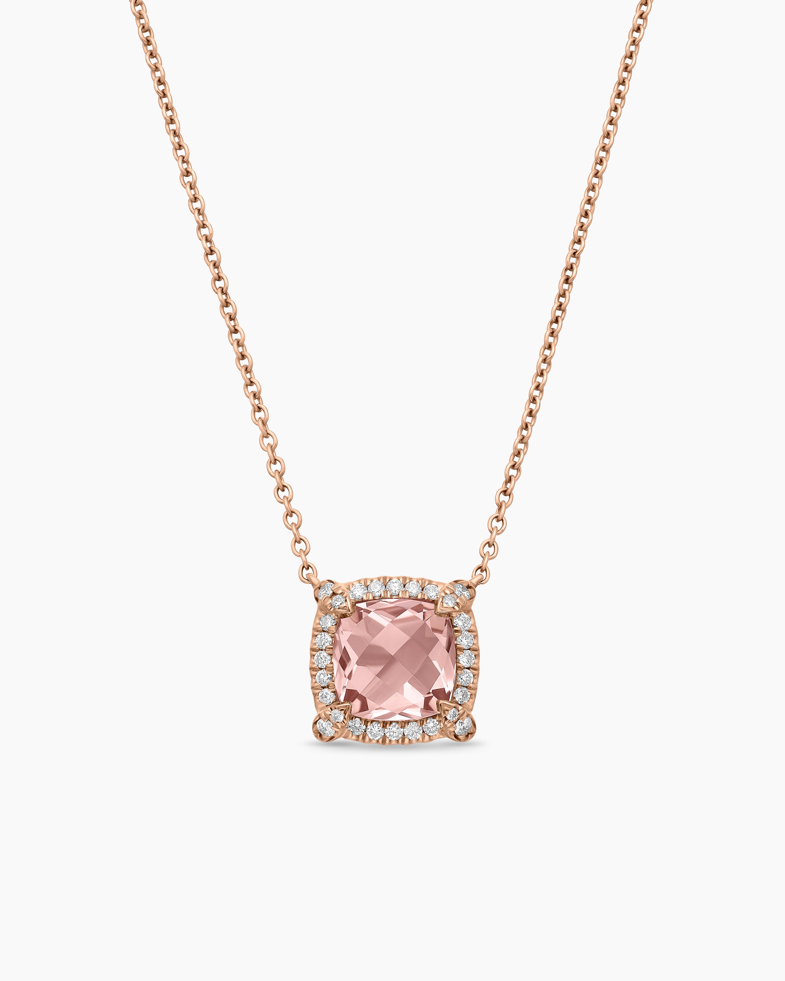 Womens Petite Chatelaine&reg; Pav&eacute; Bezel Pendant Necklace in 18ct Rose Gold with Morganite and Diamonds, 7mm